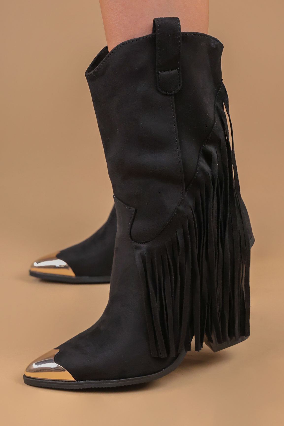 Womens Black Mid Faux Suede Fringe Tassel Cowboy Boot Toe Cap