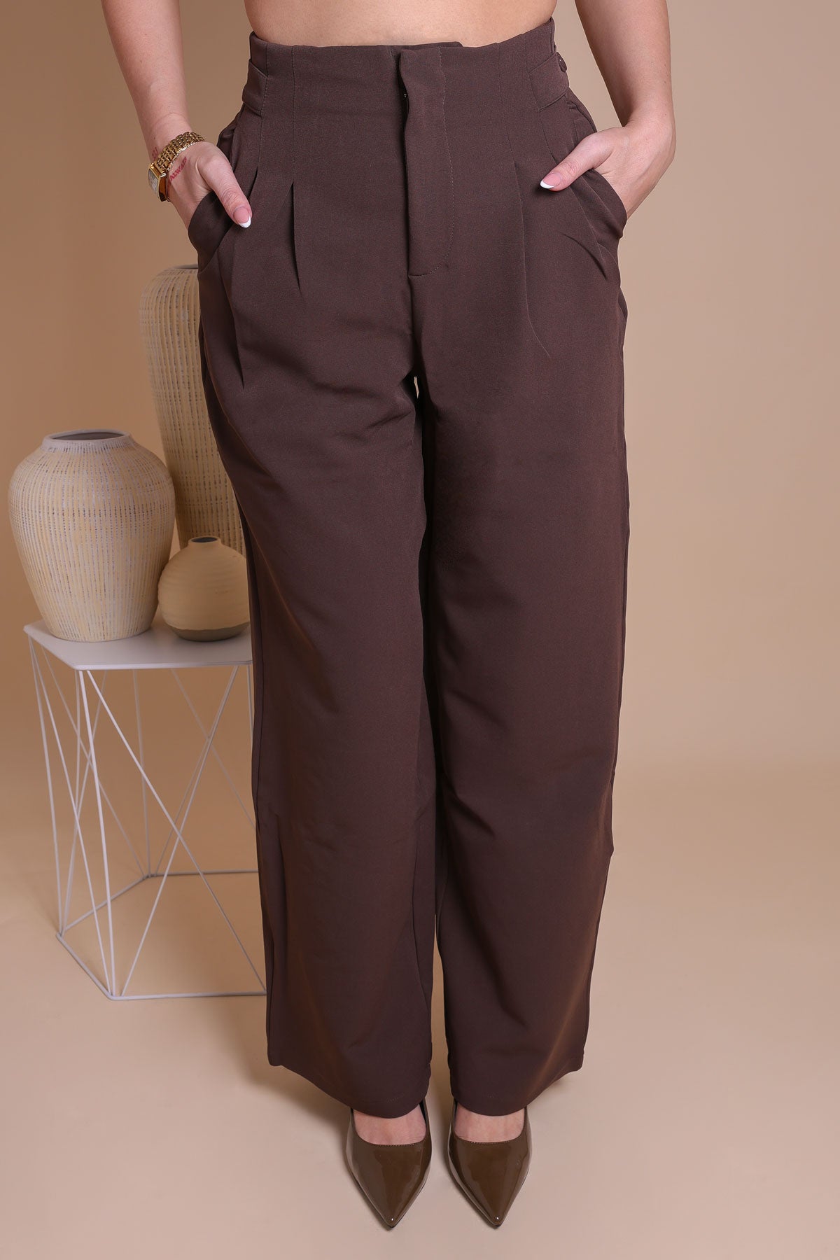 Women Brown Luxury High-Waisted Wide-Leg Trousers Miss Moda Luxe