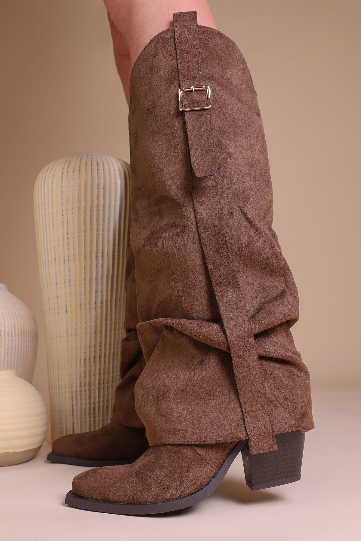 Womens Brown Ruched Fold Over Knee High Western Cowboy Boots