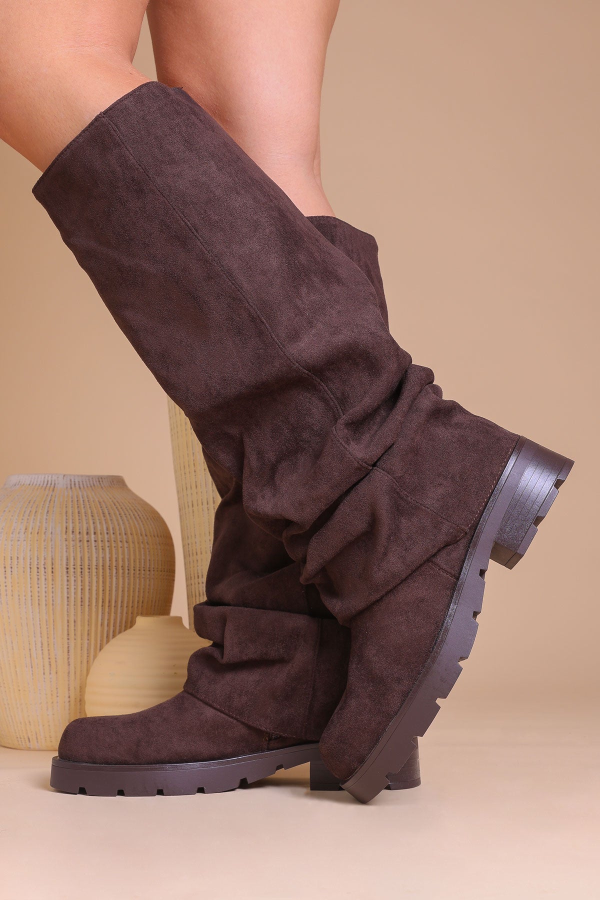 Knee Boots Faux Leather Ankle Boots Monki Womens Brown Chunky - Main Image