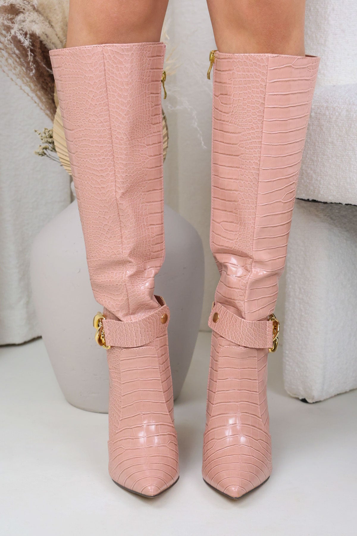 Womens Pink Snake Print Knee-High Chain Heel Boots Miss Moda Luxe