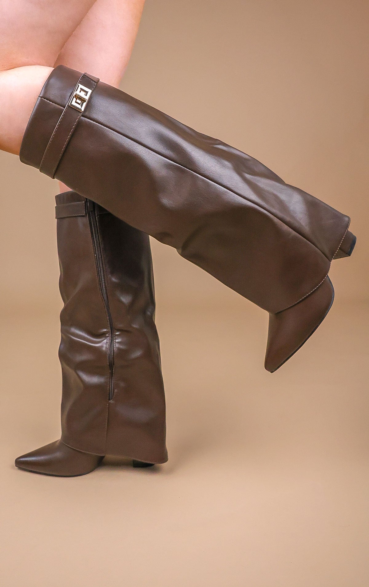 Womens Chocolate Brown Fold Over Shark Classic Buckle Knee High