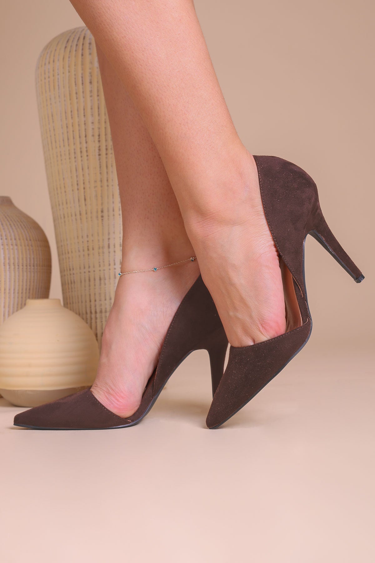 Womens Brown Suede Suede D'Orsay Pointed Toe Heel Court Shoes