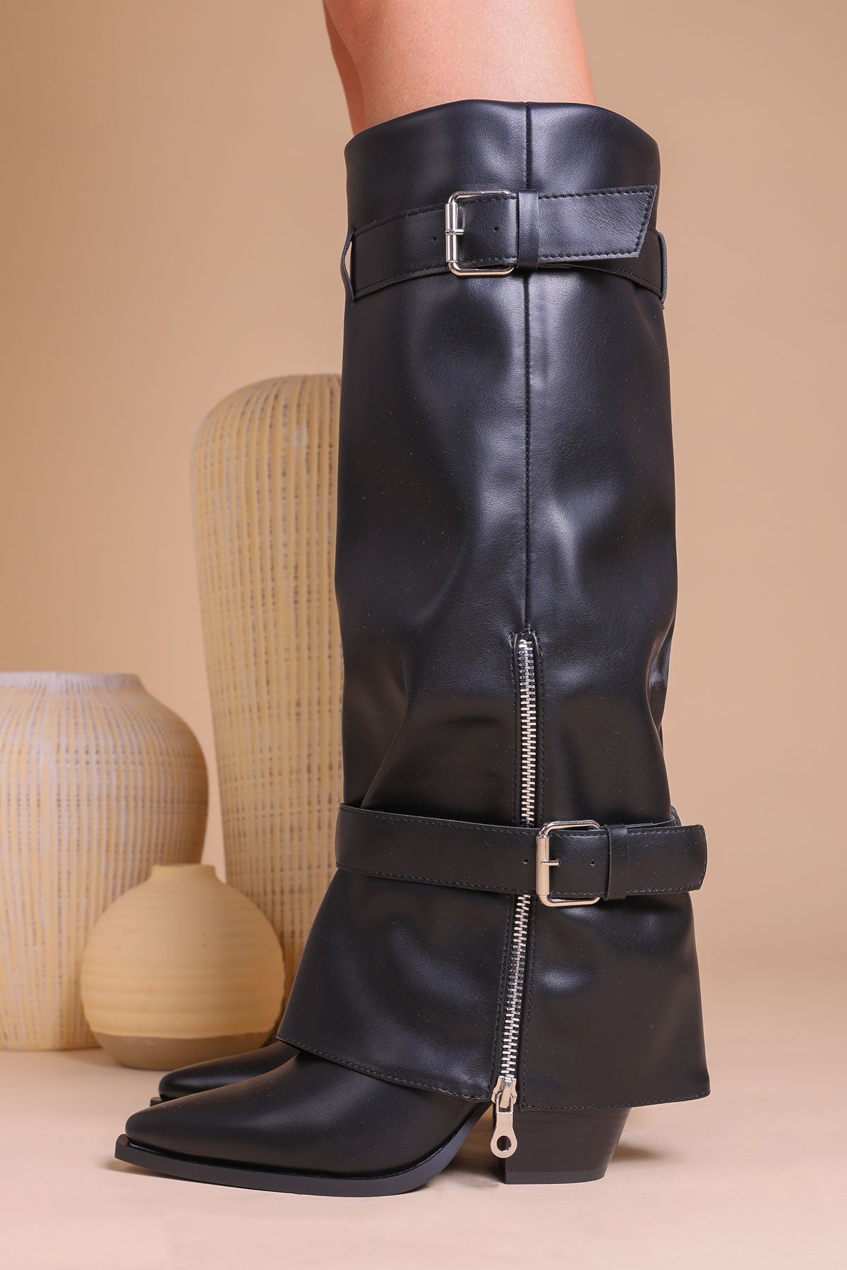 Womens Black Faux Leather Buckle Detail Slouch Western Cowboy Knee