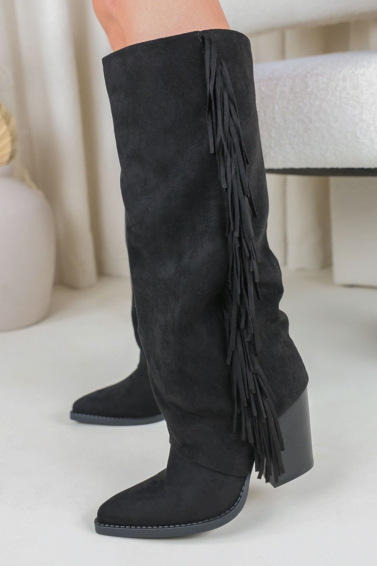 Womens Black Fringed Knee High Western Cowboy Boots Miss Moda Luxe