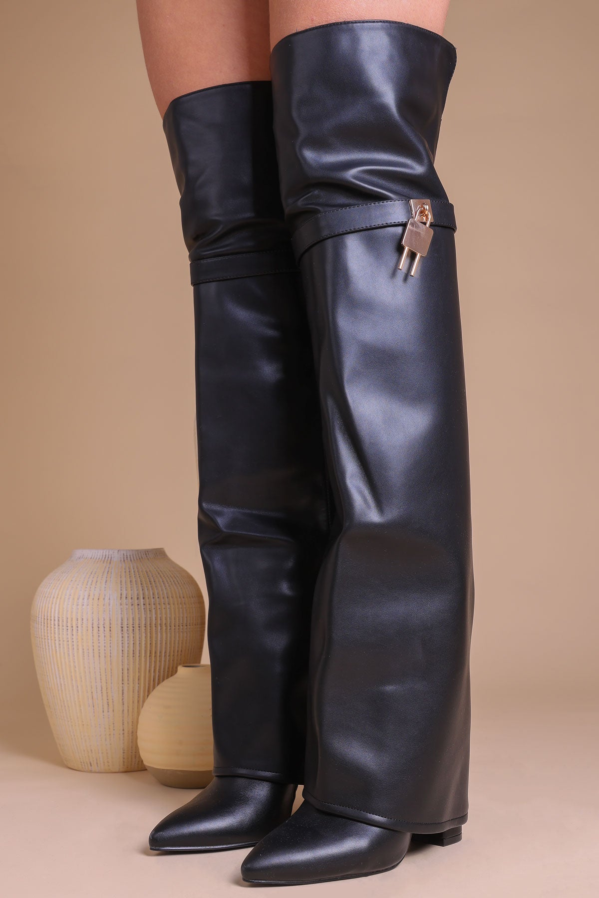 Womens Black Fold-Over Shark Thigh High Boots With Gold Padlock