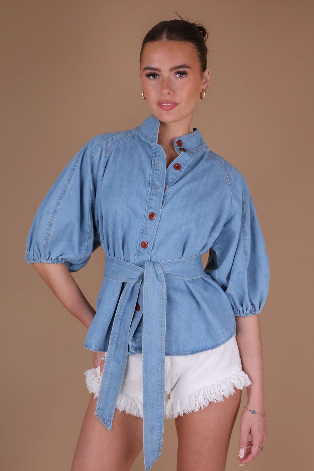 Womens Denim Puff Sleeve Button Up Shirt Blouse Miss Moda Luxe