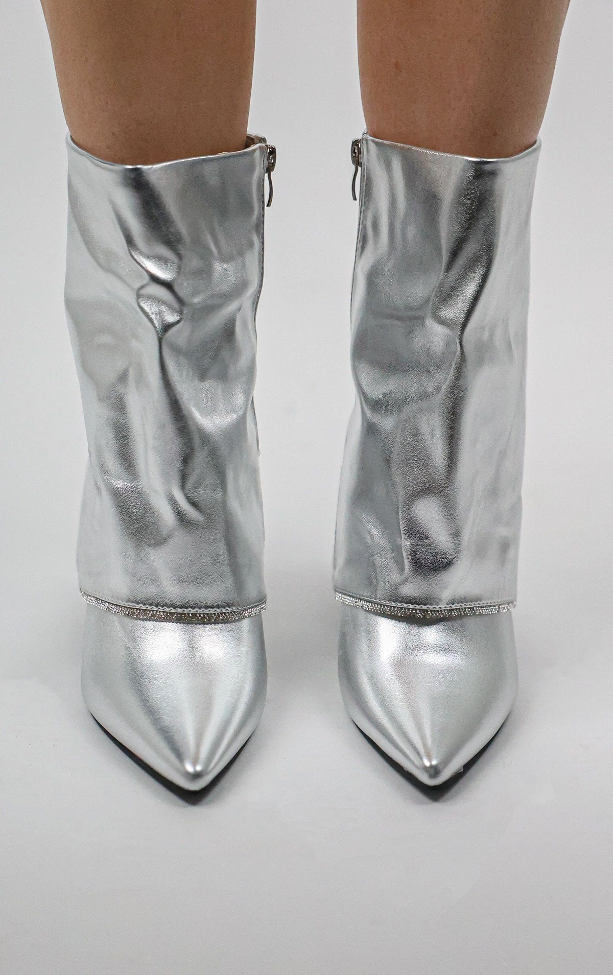 Silver Block Heel Fold Over Diamante Trim Ankle Shark Boots Miss