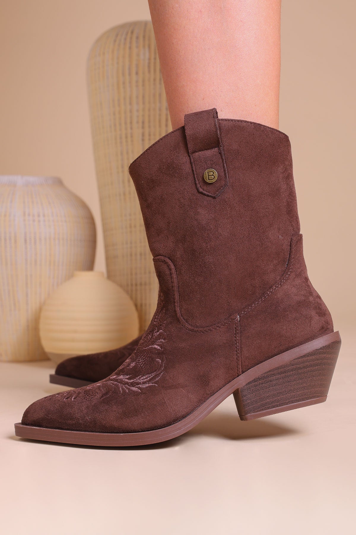 Womens Brown Suede Embroidered Western Ankle Cowboy Boots Miss