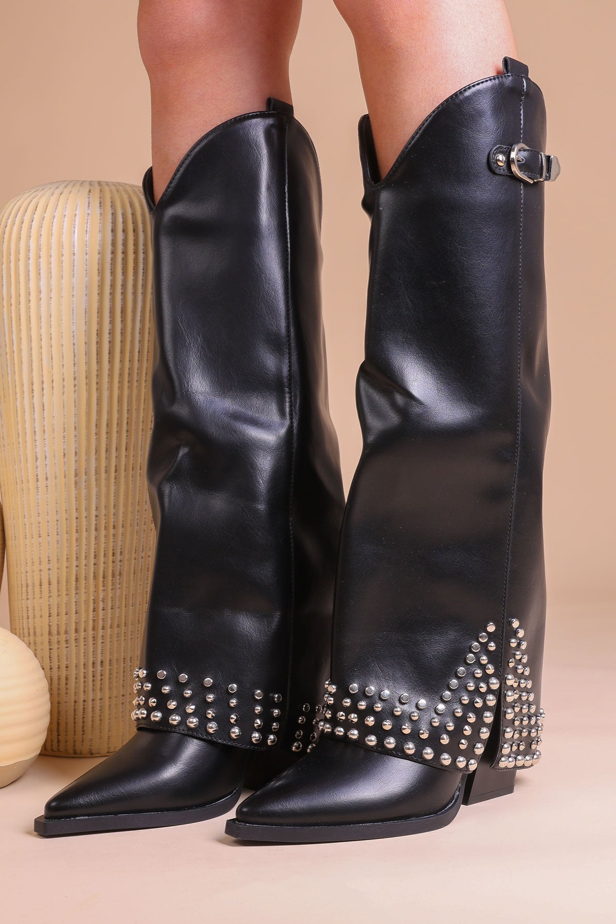 Women Black Faux Leather Buckle Knee High Studded Shark Boots