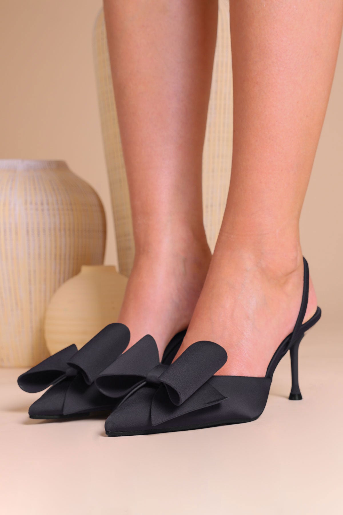 Womens Black Satin Bow Embellished Pointed Toe Slingback Heels