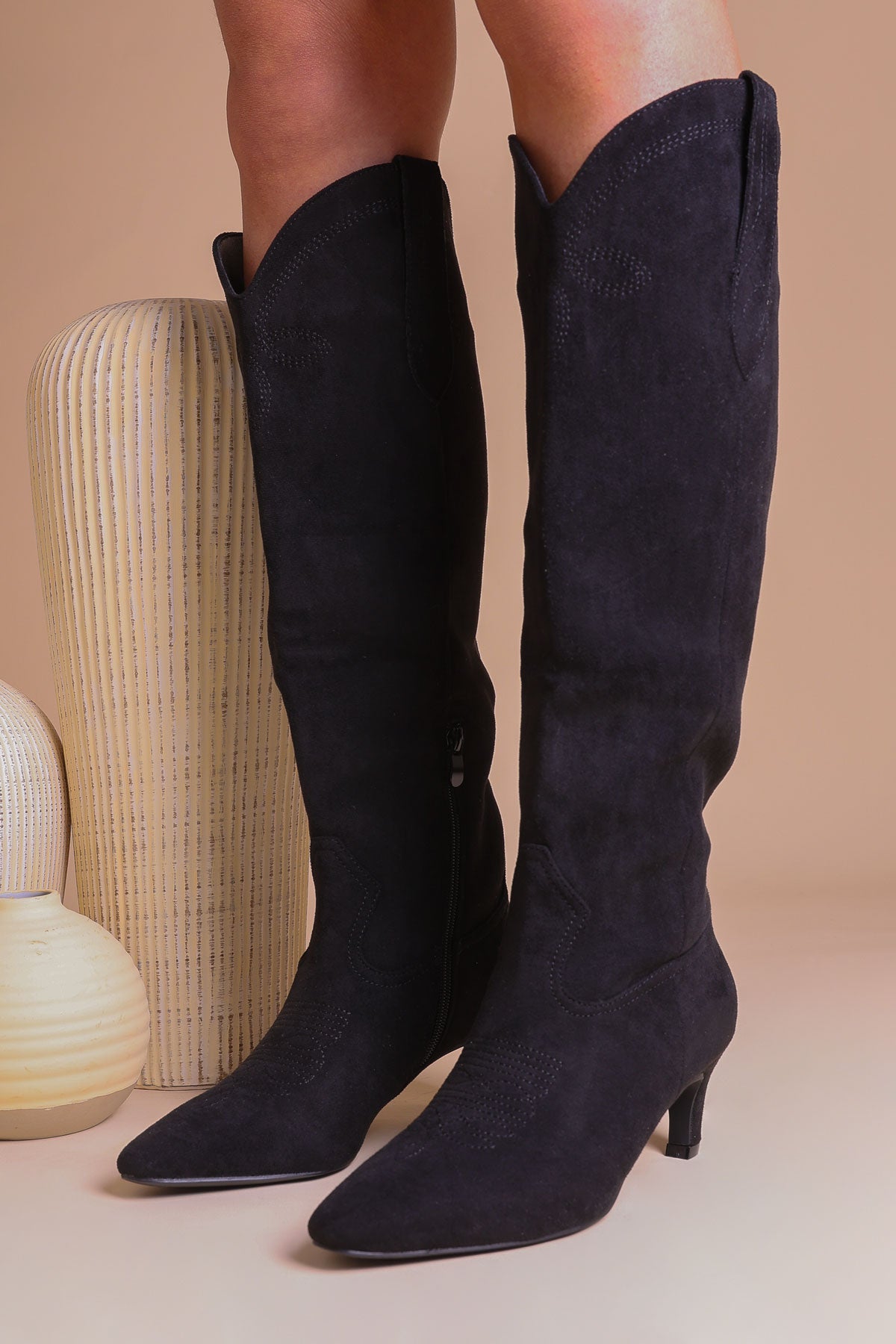 Black Faux Suede Western Knee High Boots