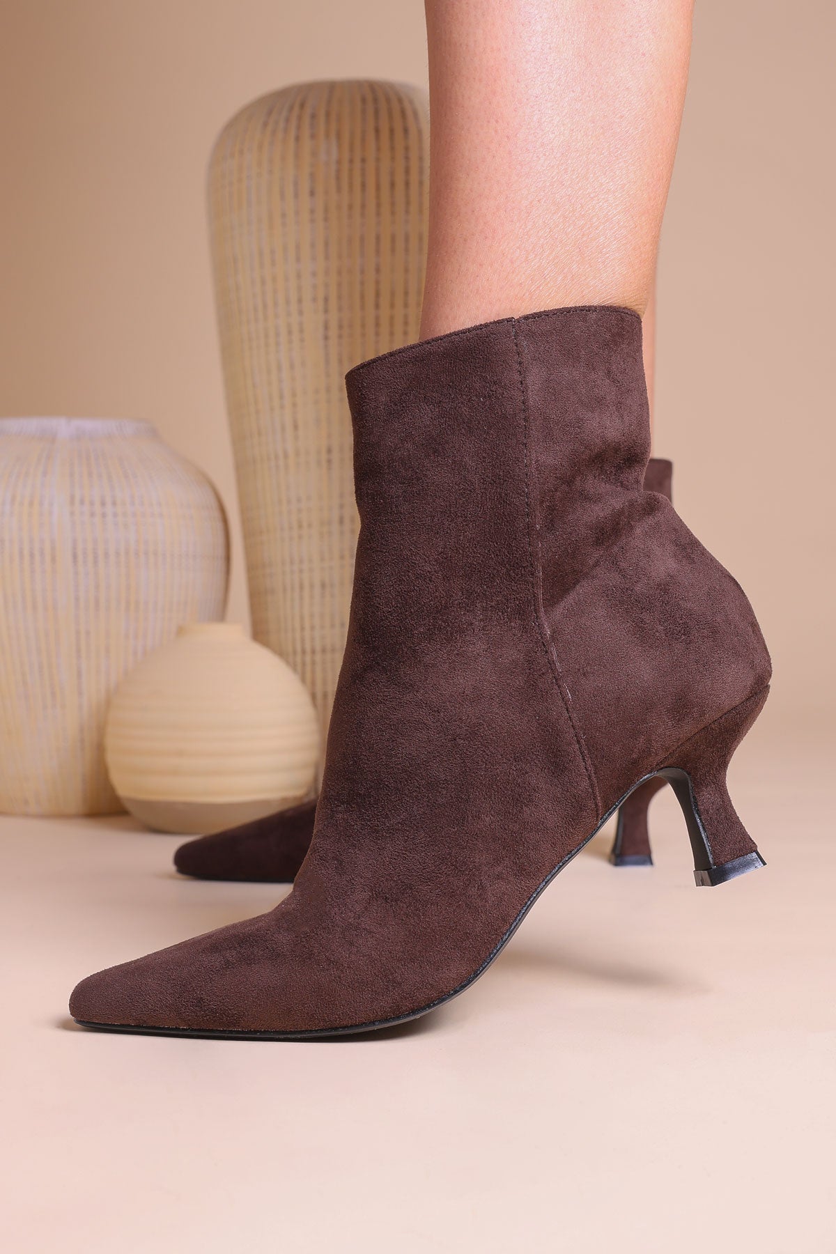 Womens Brown Faux Suede Pointed Toe Kitten Heel Ankle Boots Miss