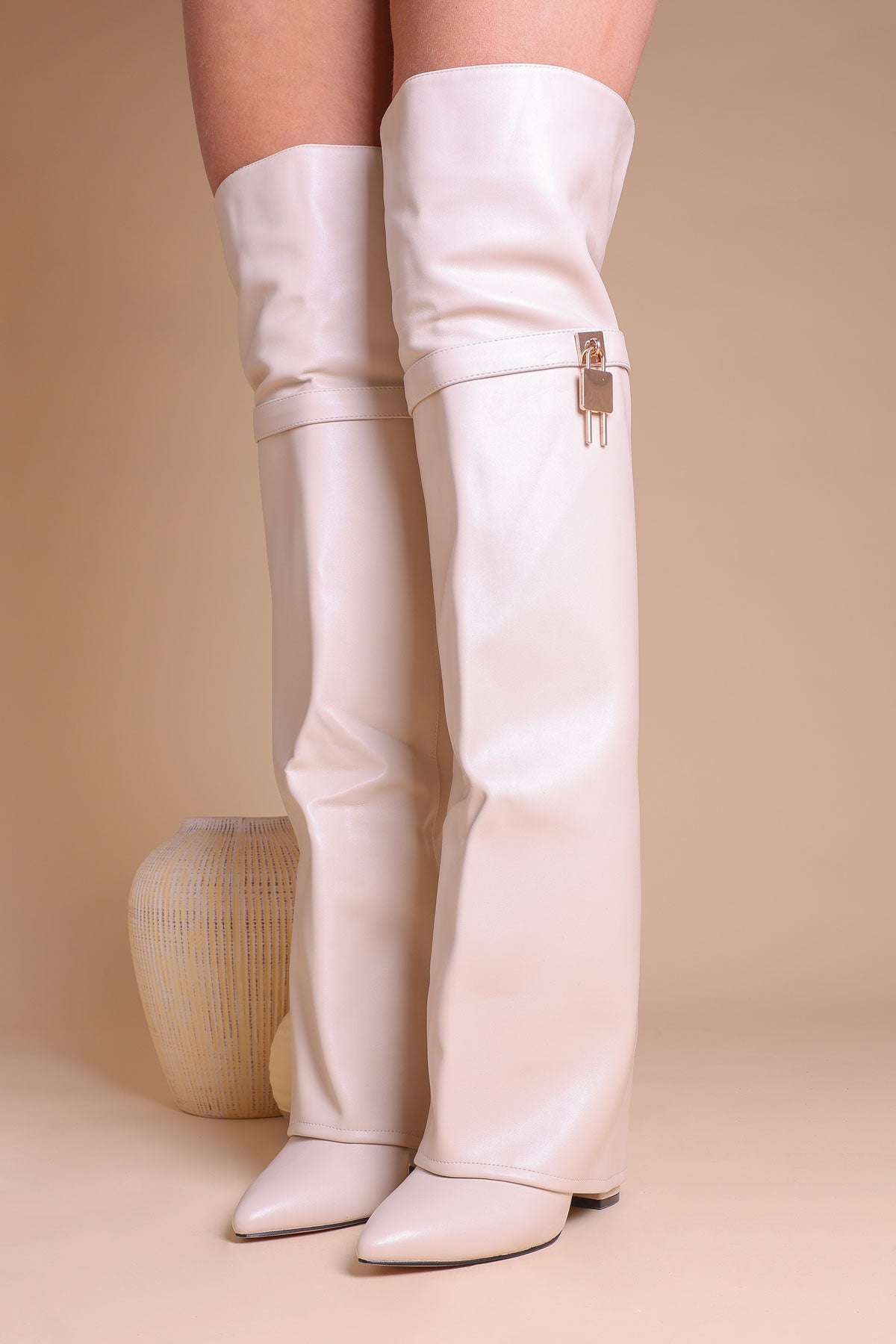 Womens Beige Fold-Over Shark Thigh High Boots With Gold Padlock