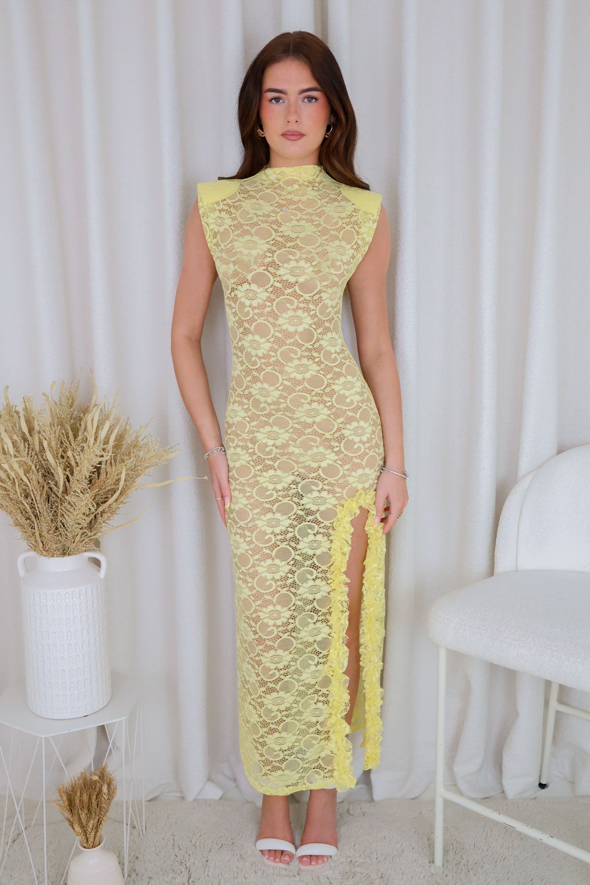 Yellow Sheer Maxi Dress Womens Yellow Floral Lace Ruffle Slit Maxi Dress Yellow Sheer Maxi Dress Womens Yellow Floral Lace Ruffle Slit Maxi Dress