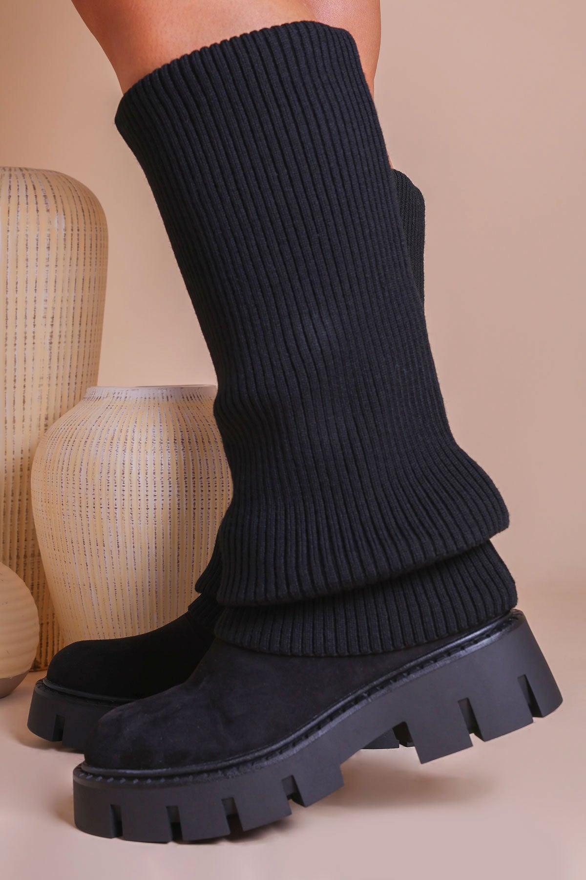 Black Knit Cuff Sock Chunky Lug Boots