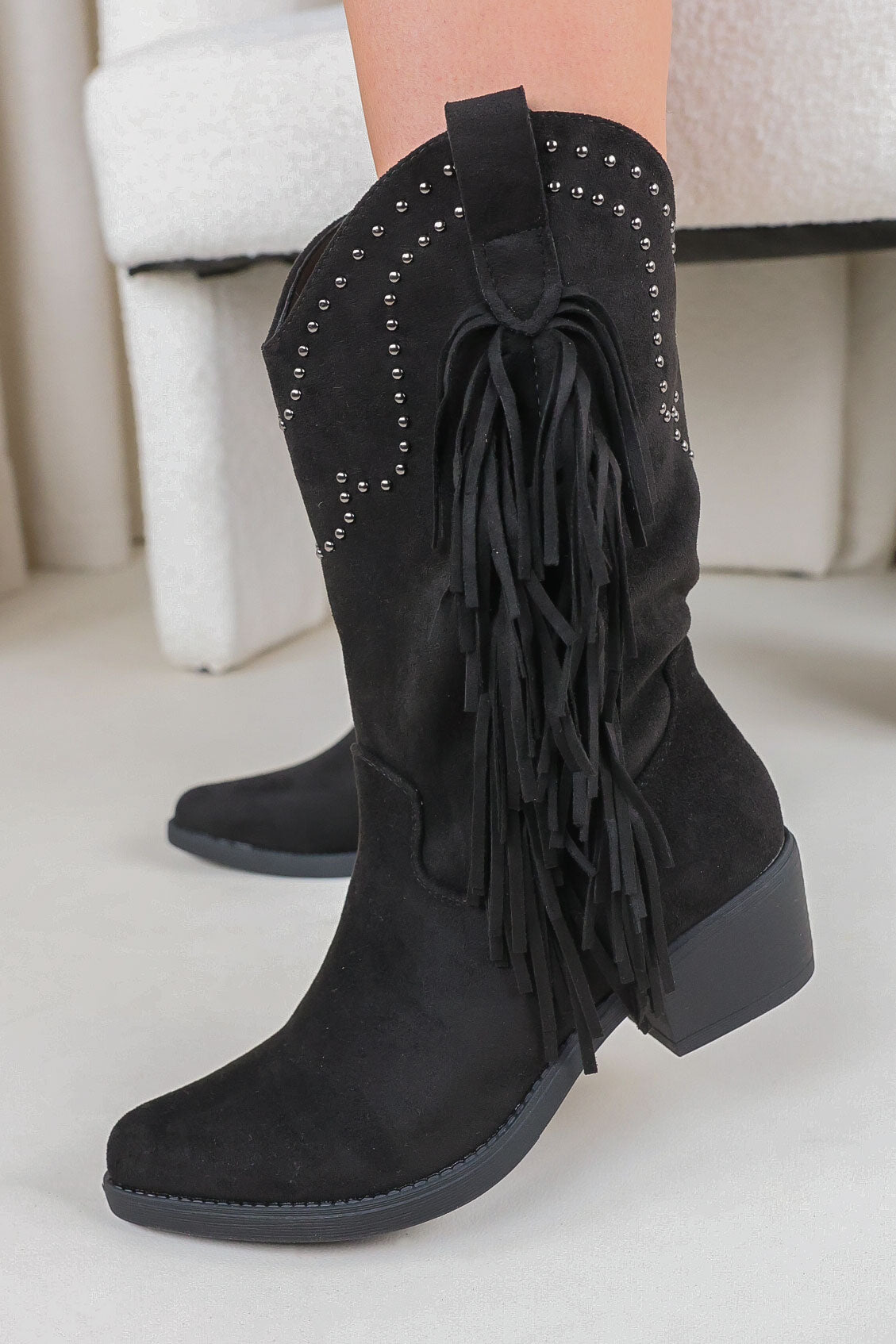 Womens Black Studded Fringed Mid Calf Western Cowboy Boots Miss