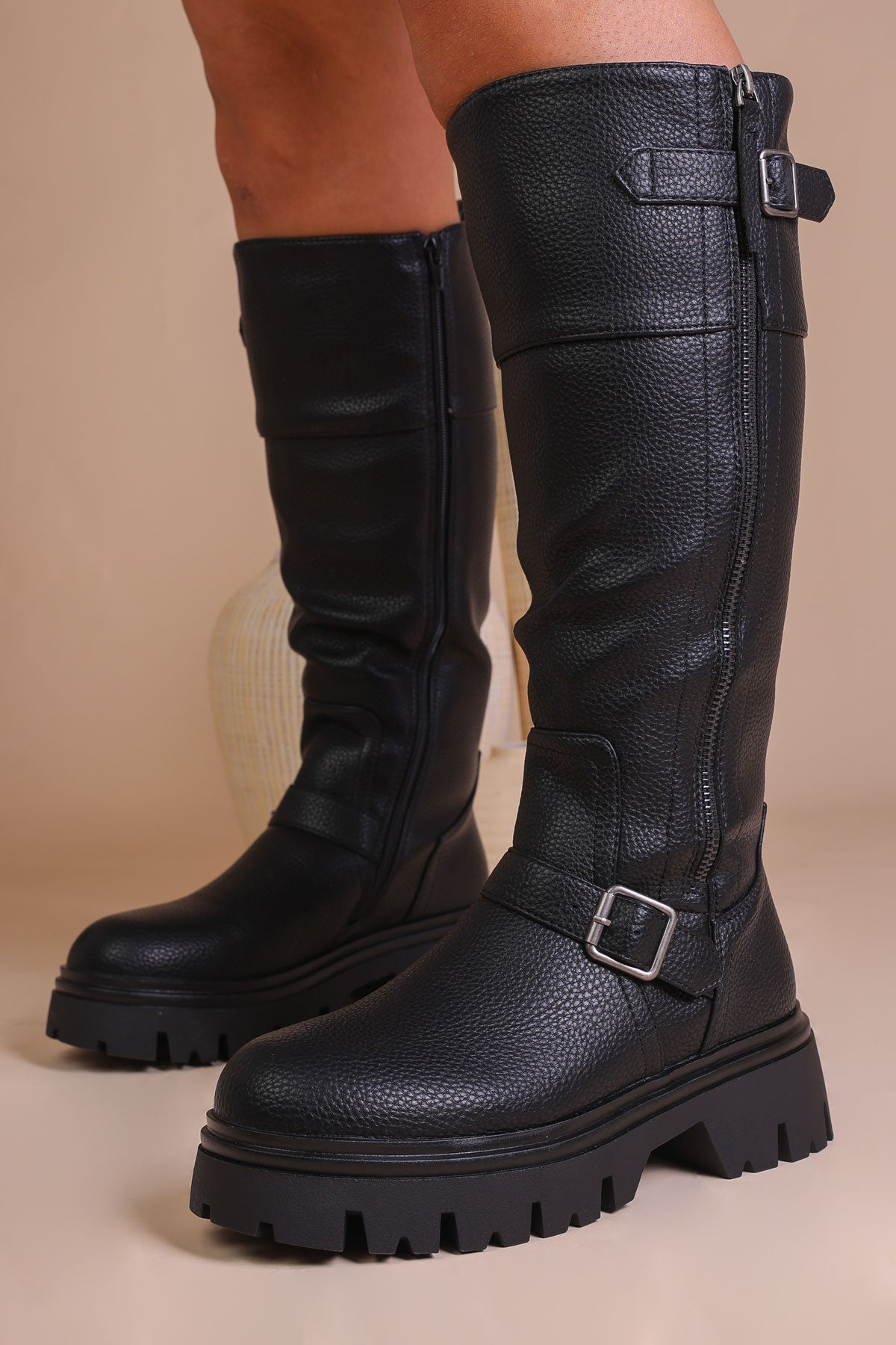 Black Faux Leather Chunky Lug Sole Zip Detail Knee-High Biker Boots