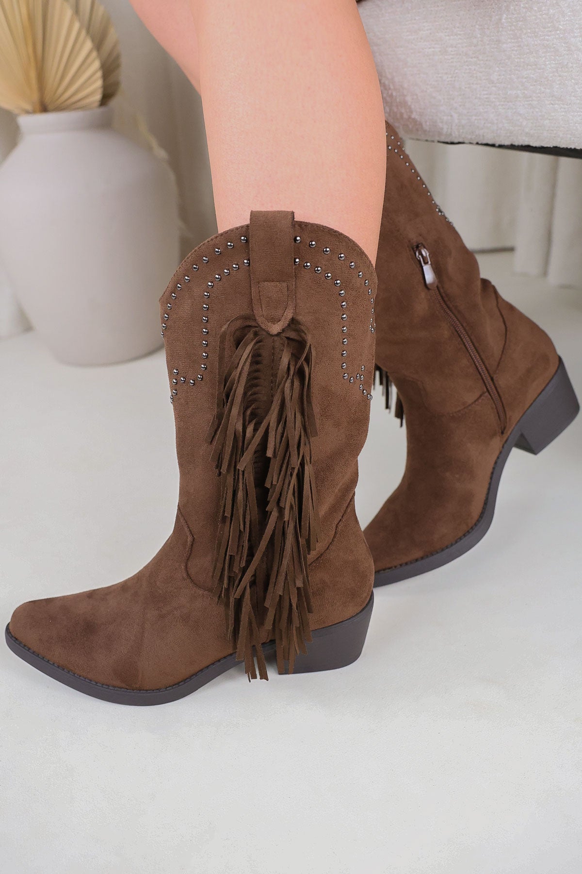 Womens Brown Studded Fringed Mid Calf Western Cowboy Boots Miss