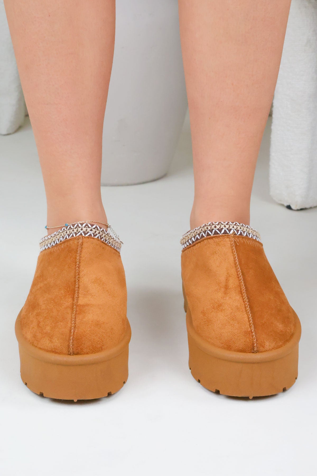 Womens Tan Suede Platform Mules Slippers with Aztec Stitch Trim