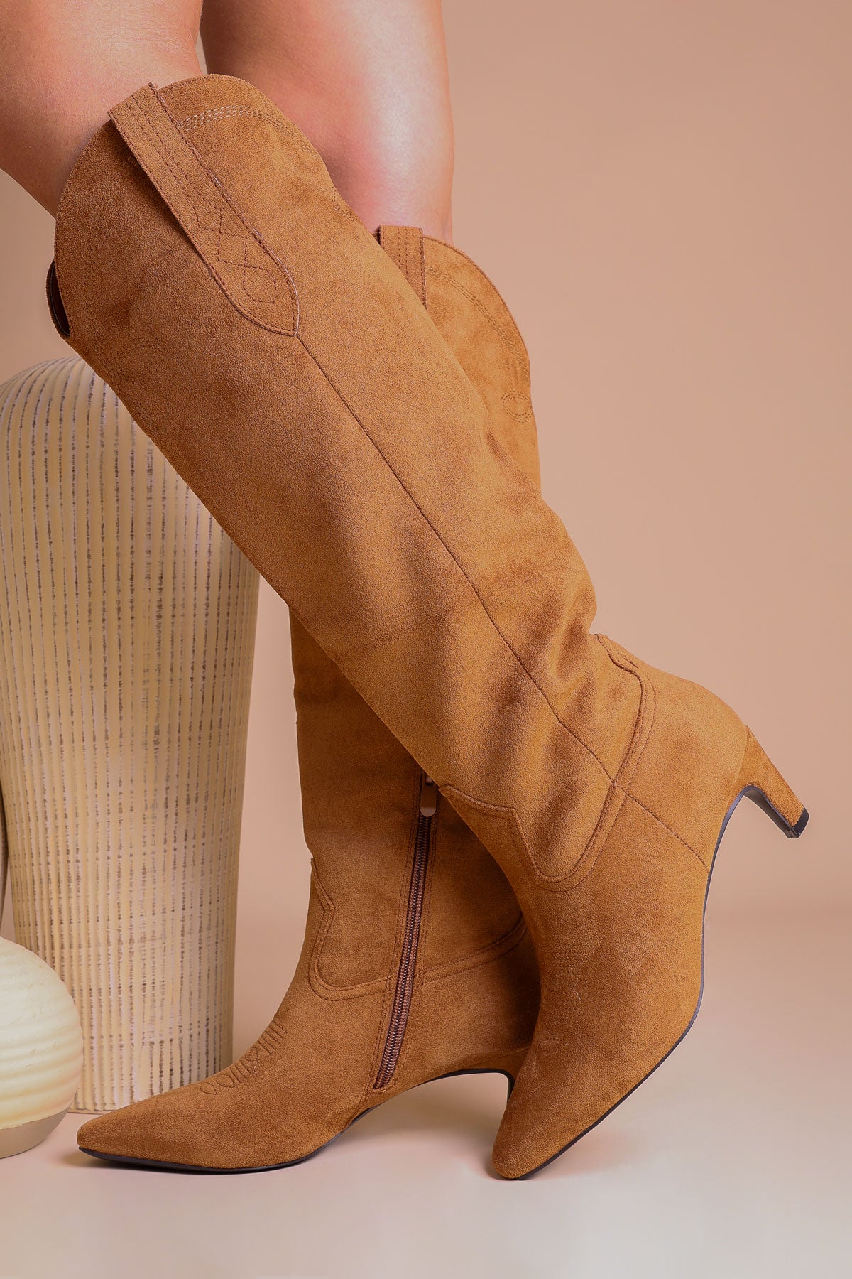 Tan Faux Suede Western Knee High Boots