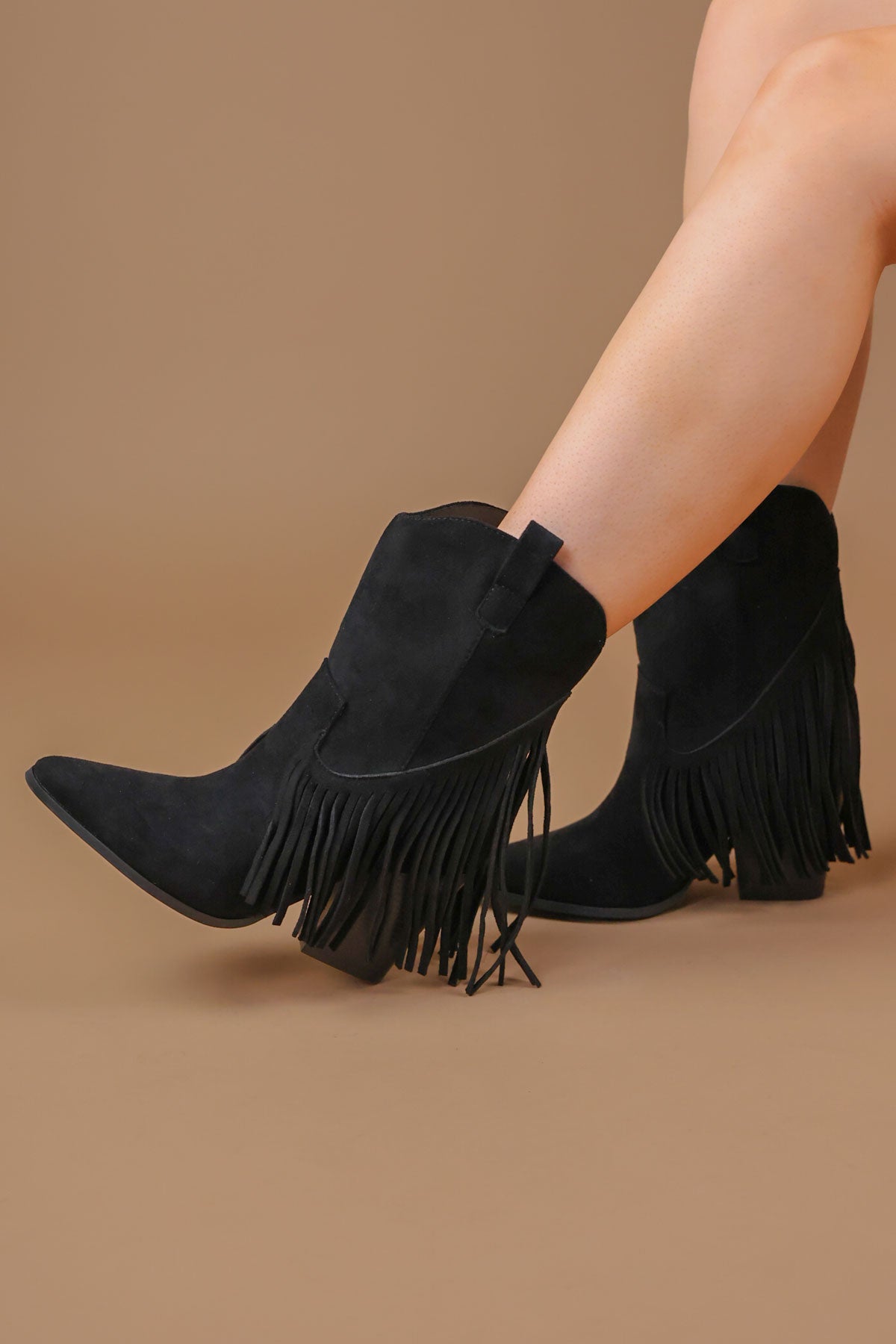 Women's Dallas Black Mid Western Faux Suede Fringe Cowboy Boot