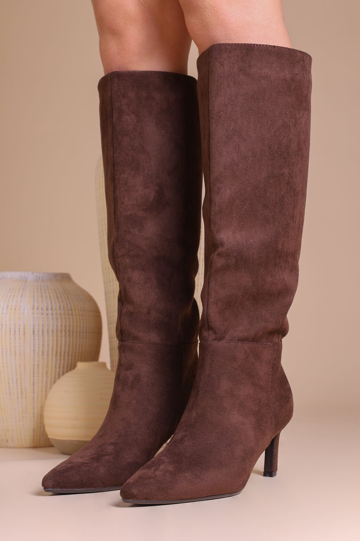 Womens Brown Faux Suede Slouchy Pointed Toe Mid-Calf Healed Boots
