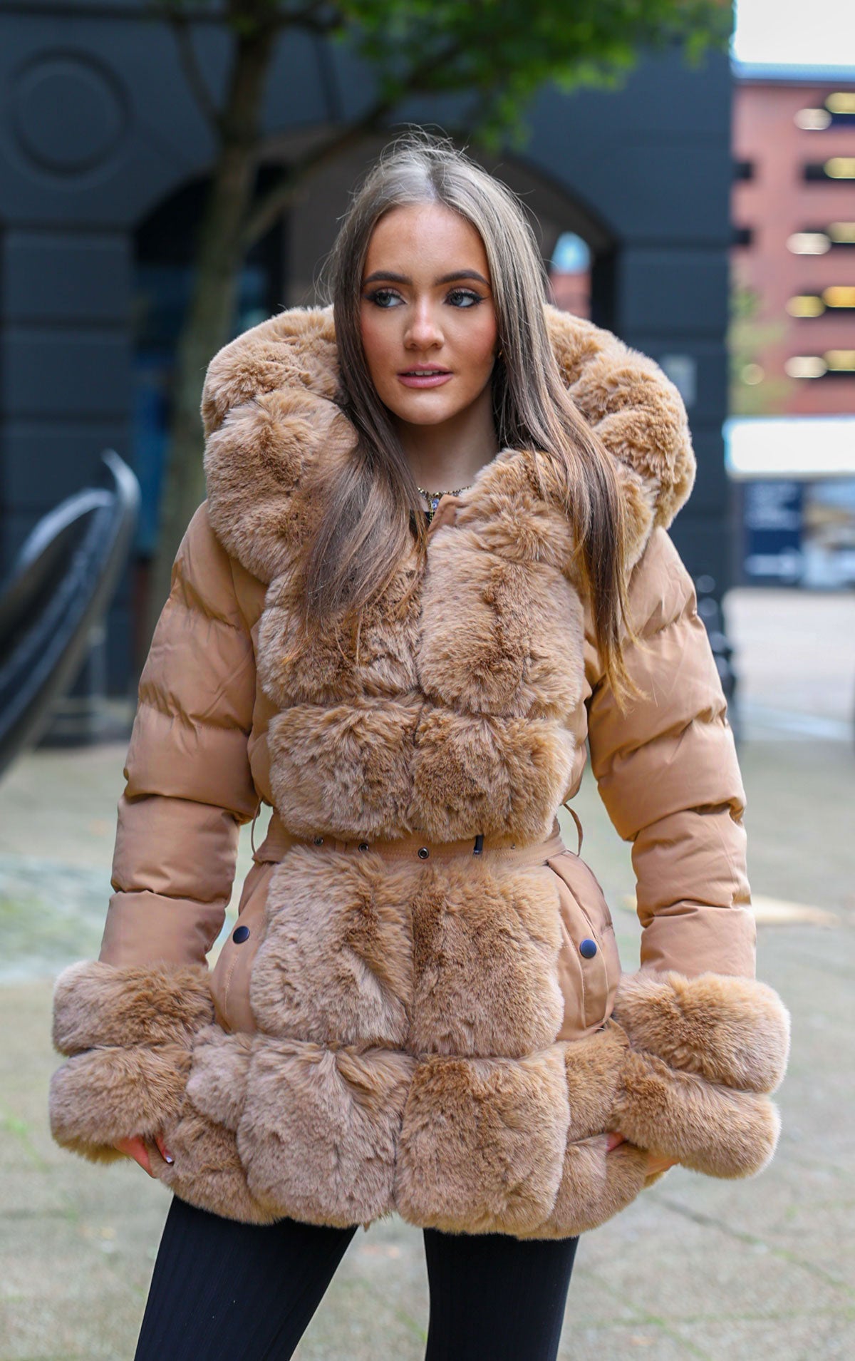 Camel Faux Fur Trim Puffer Hooded Coat Miss Moda Luxe