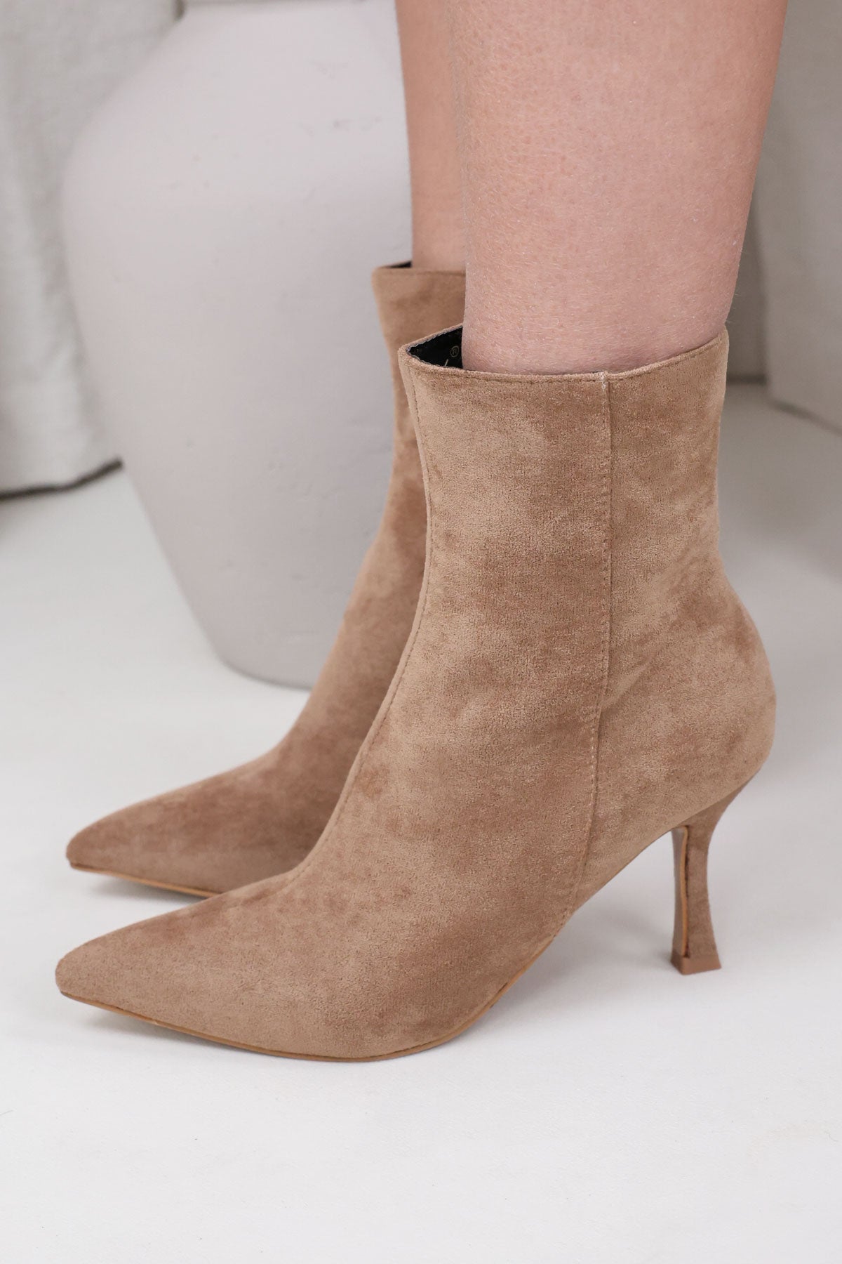 Women's Taupe Faux Suede Pointed Stiletto Ankle Boots Miss Moda Luxe