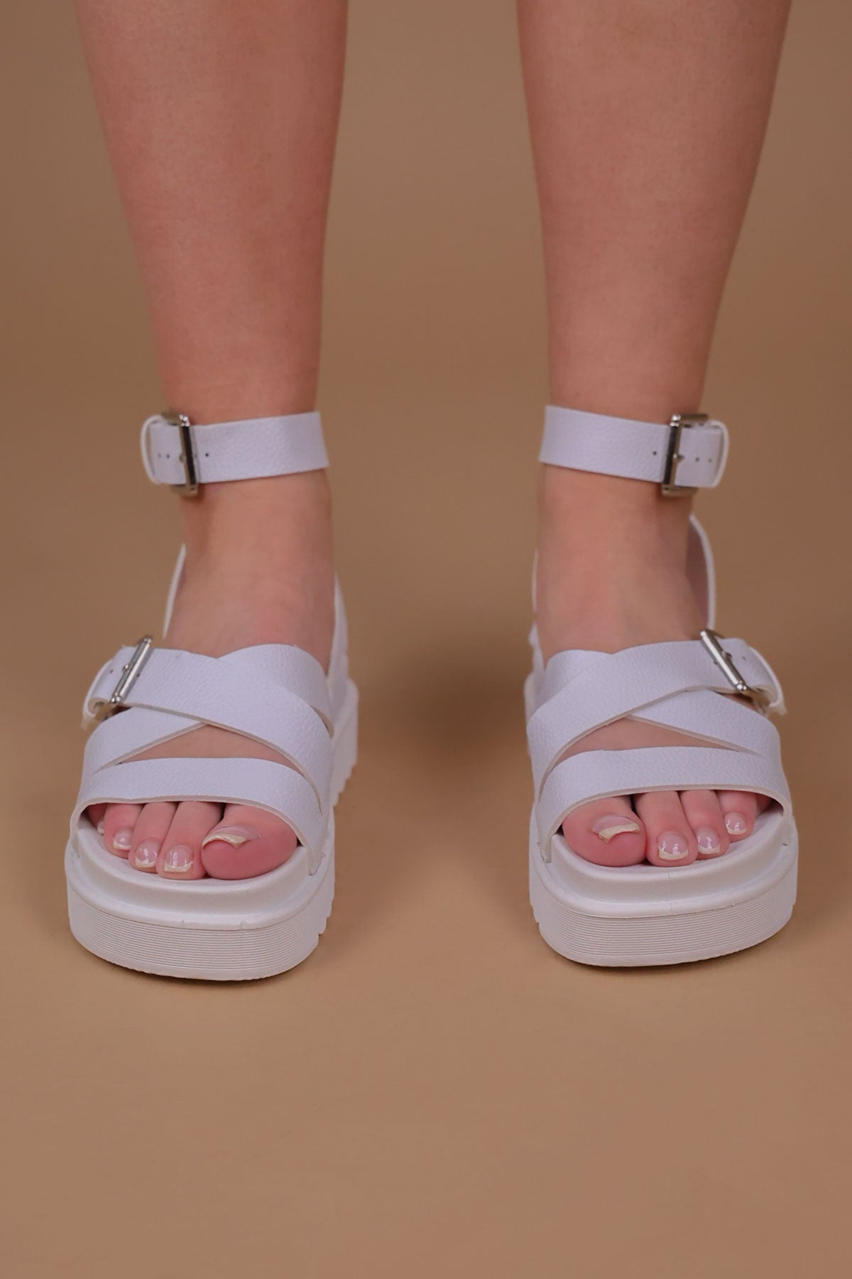 Womens White Faux Leather Chunky Multi Strap Gladiator Sandals