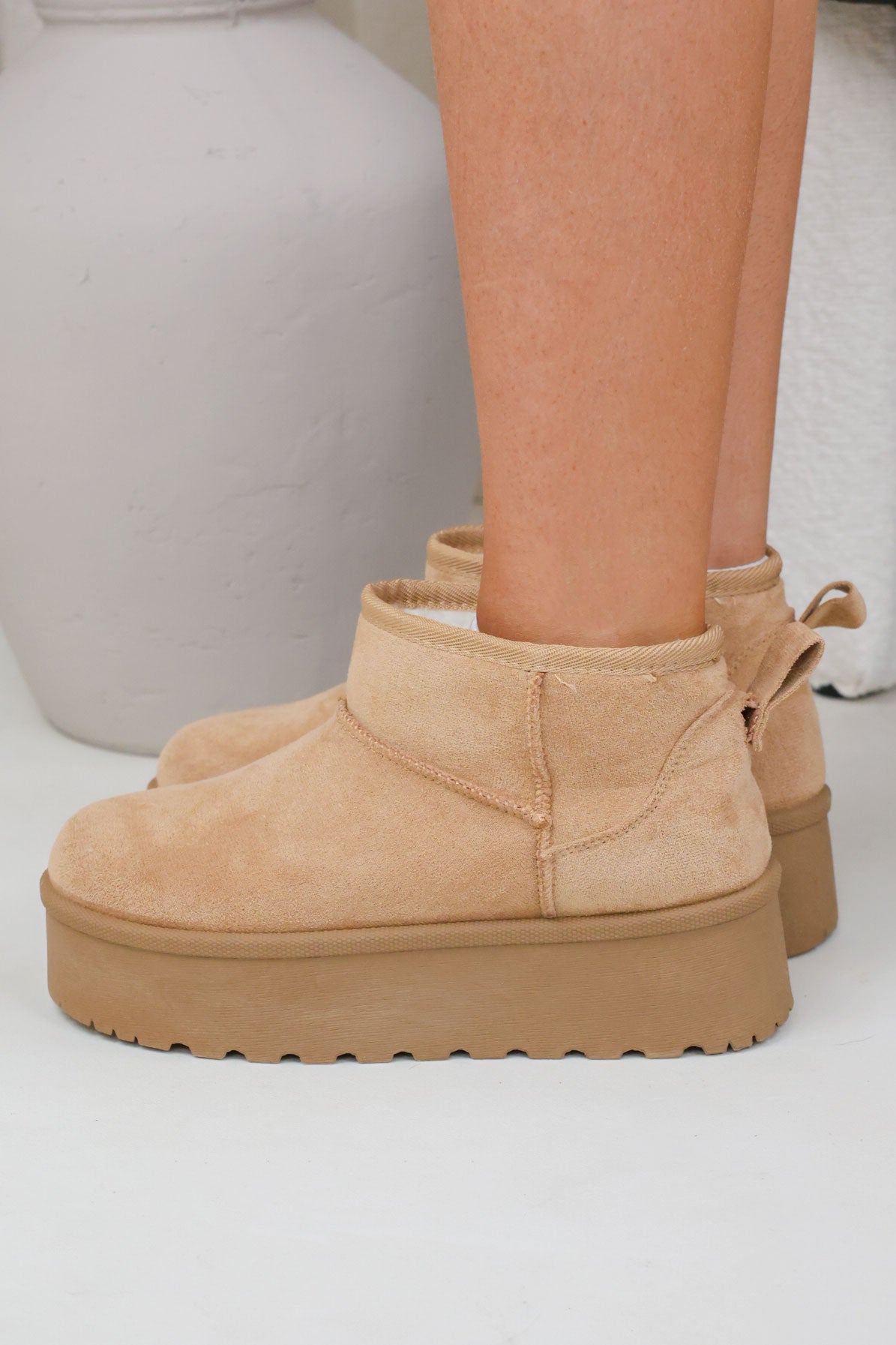 Beige Faux Suede Fur-Lined Platform Mini Boots - Main Image