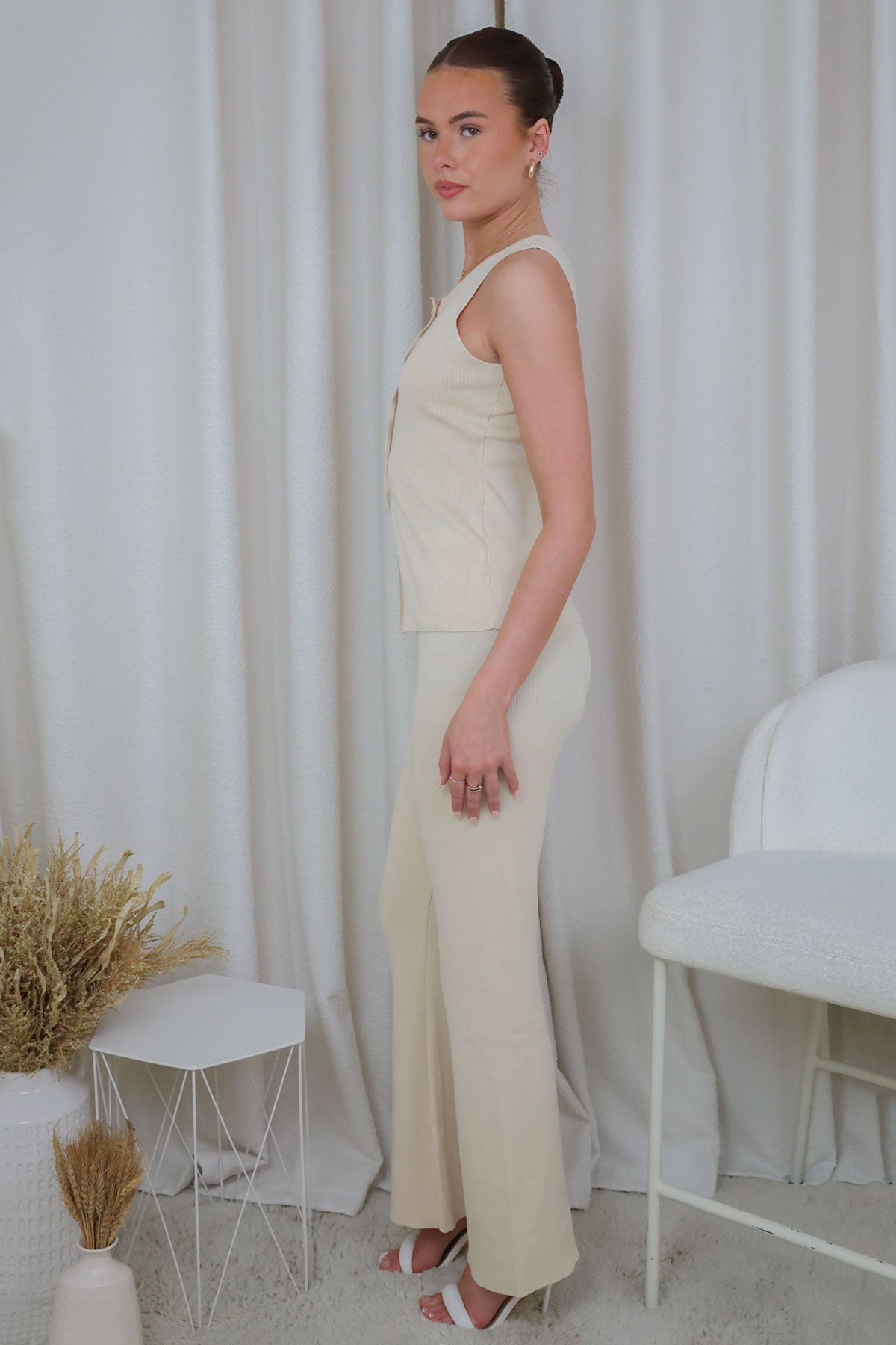 Womens Beige Knit Gold Button Waistcoat & Trouser Co-ord