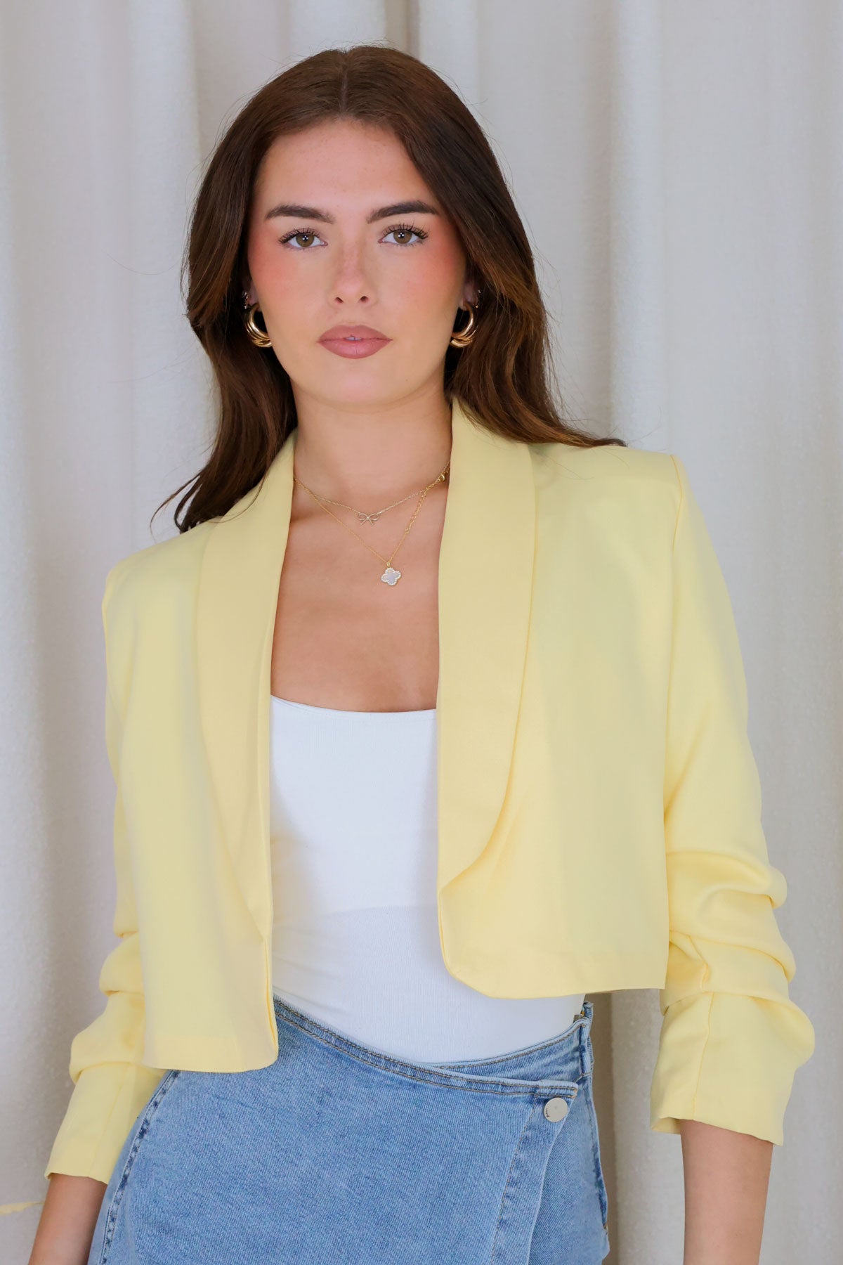 Womens Yellow Rushed Sleeve Cropped Blazer Miss Moda Luxe