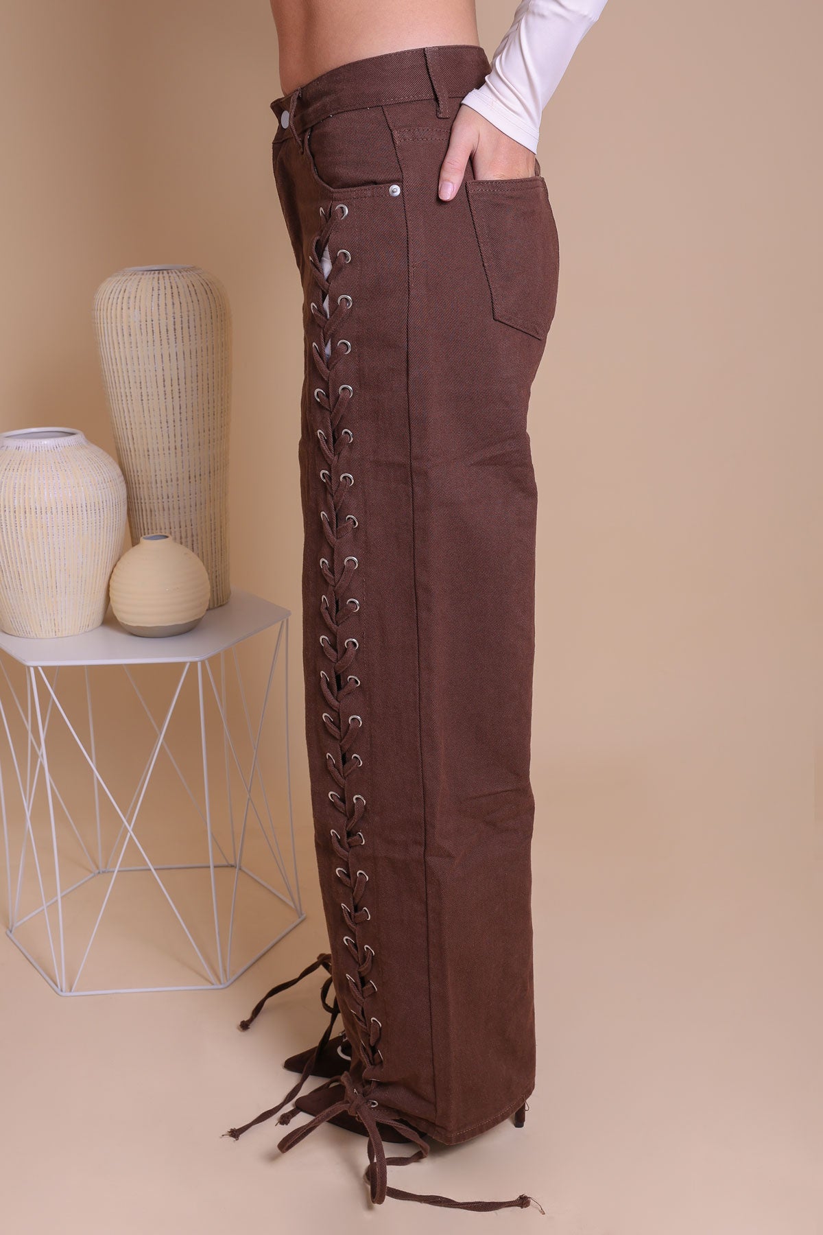 Women Brown Lace-Up Detail Wide-Leg Jeans Miss Moda Luxe