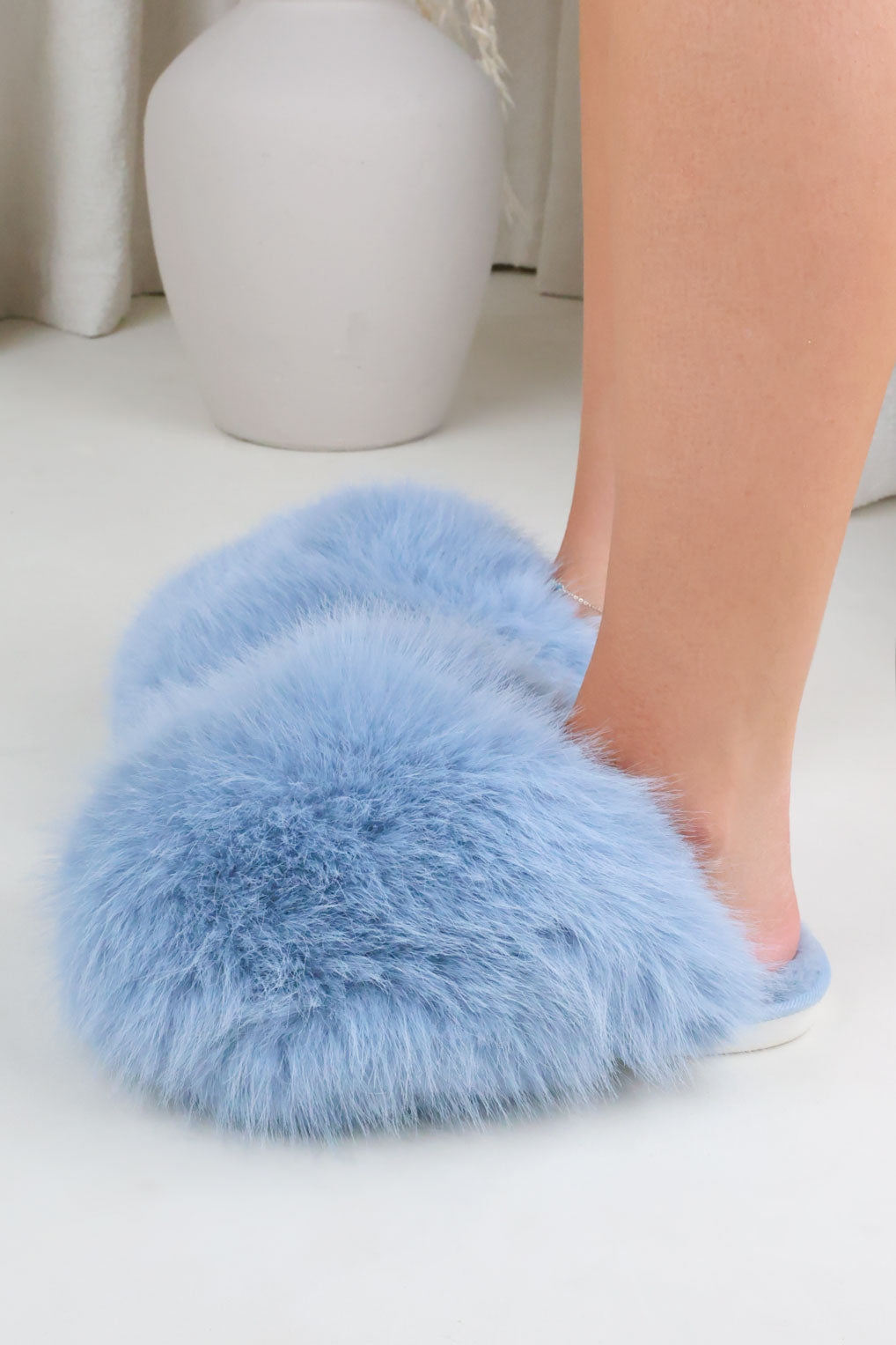 Faux Fur Blue Fluffy Slides Womens Luxuriously Soft Plush Large