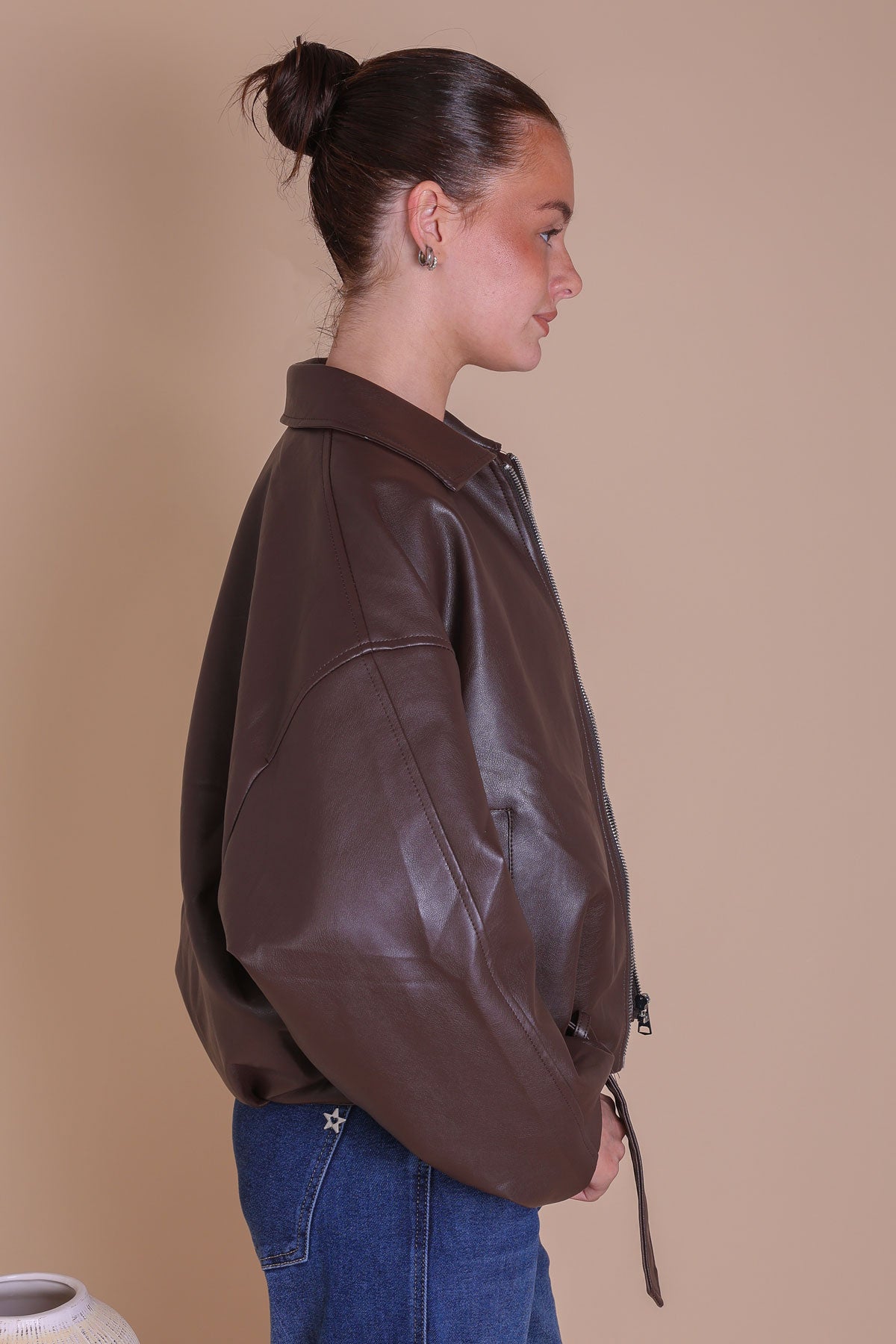 Womens Brown Oversized Faux Leather Biker Bomber Jacket Miss