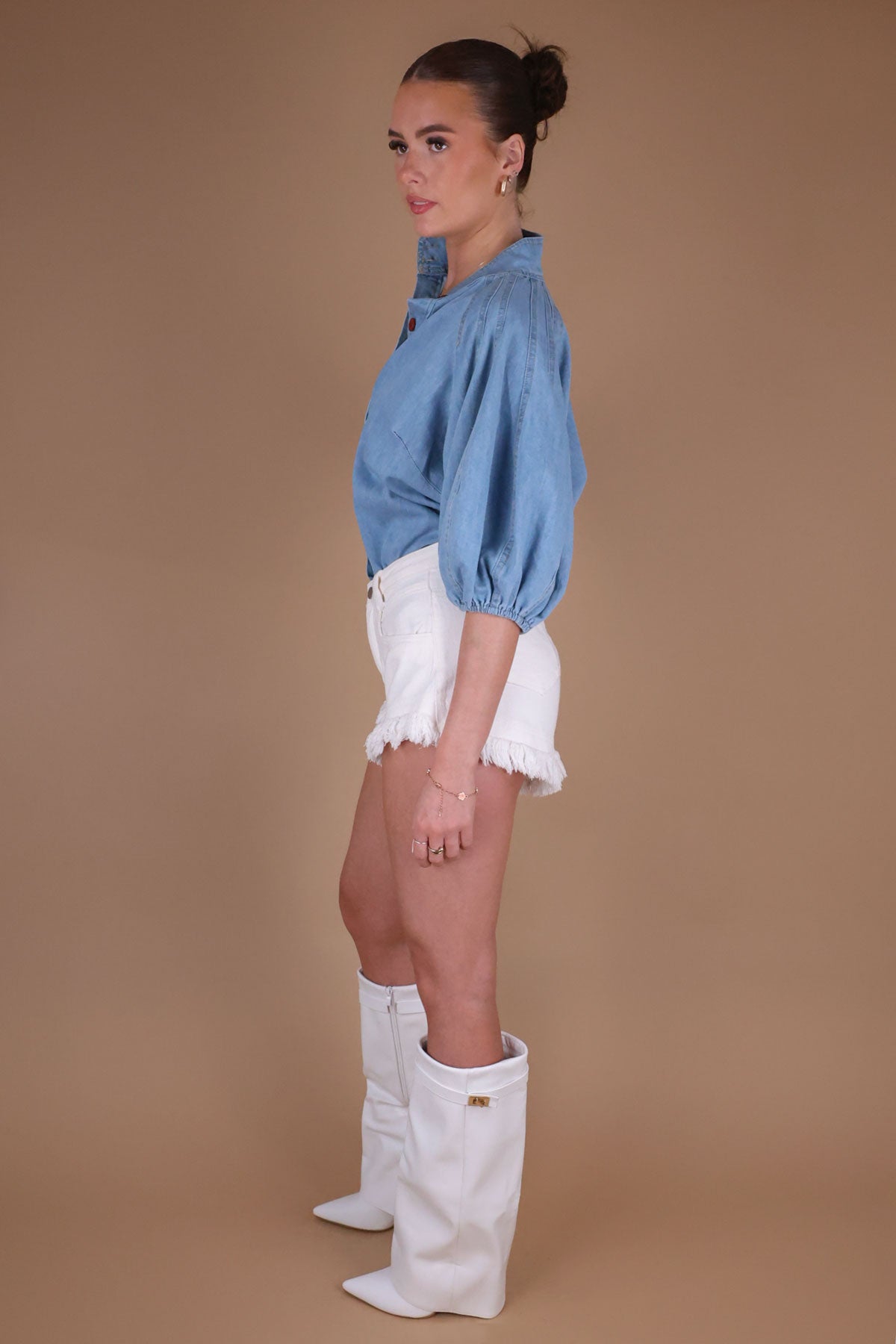 Womens White Denim Frayed Hem Shorts Miss Moda Luxe