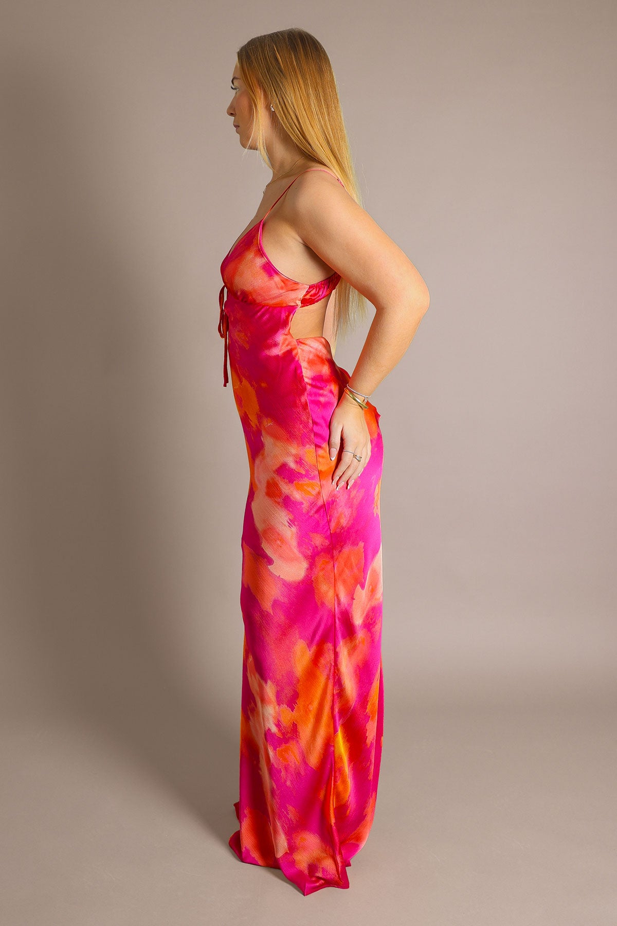 strapless open back dress Womens Fuchsia Open Back Satin Maxi Dress