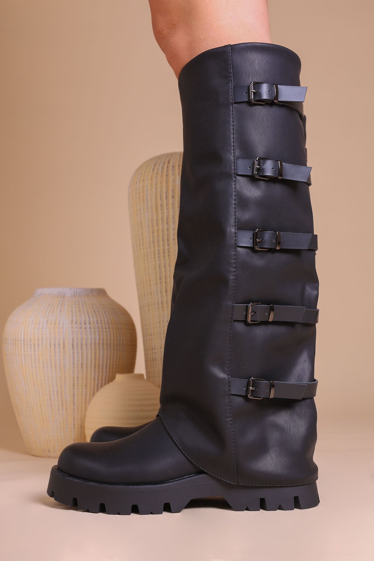 Womens Black Chunky Multi-Buckle Slouchy Knee-High Lug Sole Boots
