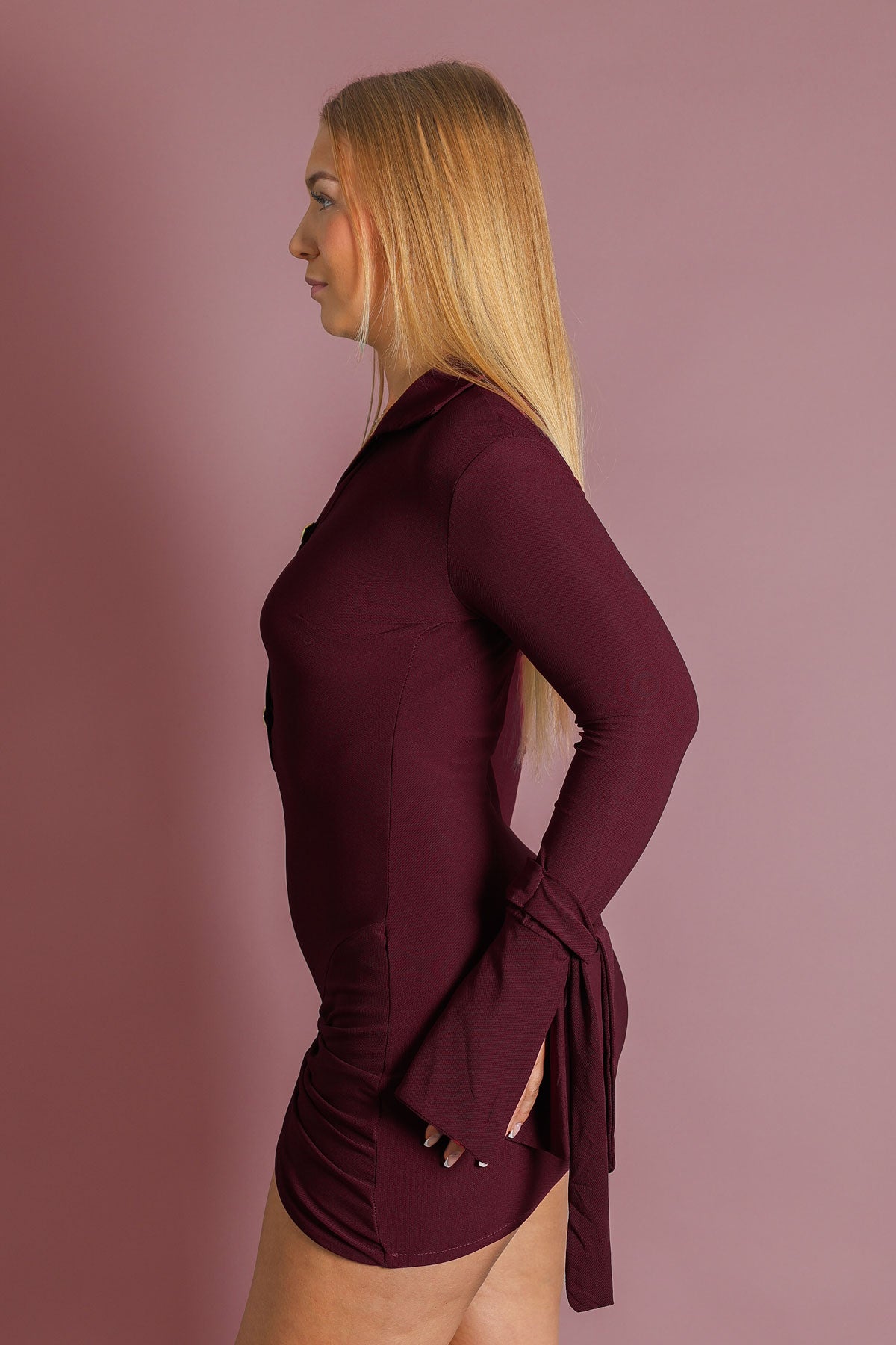Womens Burgundy Ruched Mini Dress with Gold Buttons | Elegant Evening Wear  - Miss Moda Luxe