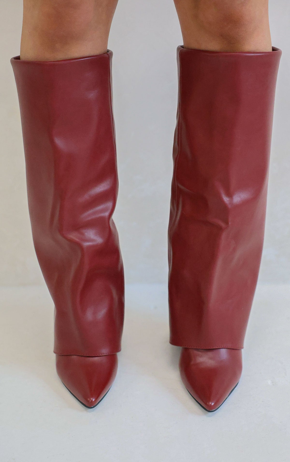 Ladies/Womens WINE FAUX LEATHER POINTED TOE KNEE HIGH FOLD OVER
