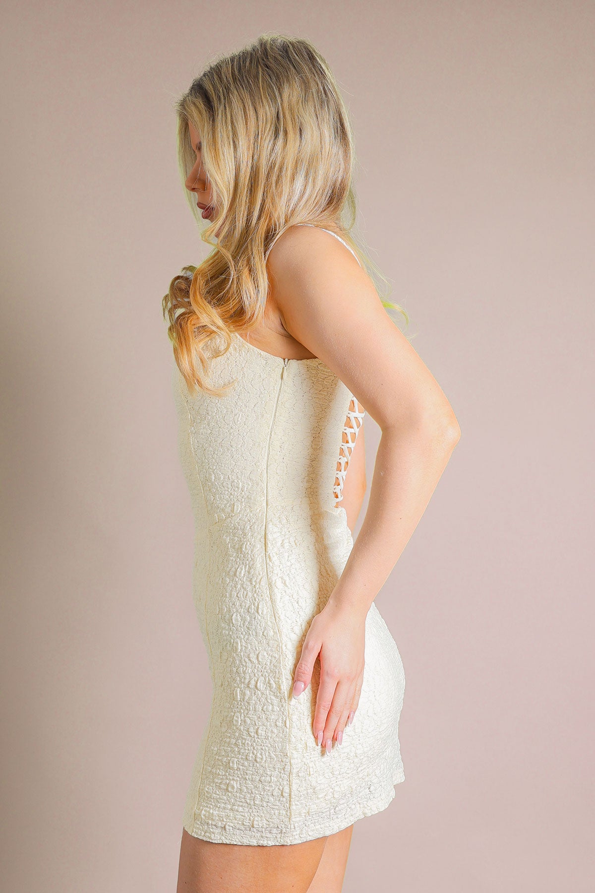 Women's Cream Floral Textured Mini Dress with Lace-Up Back