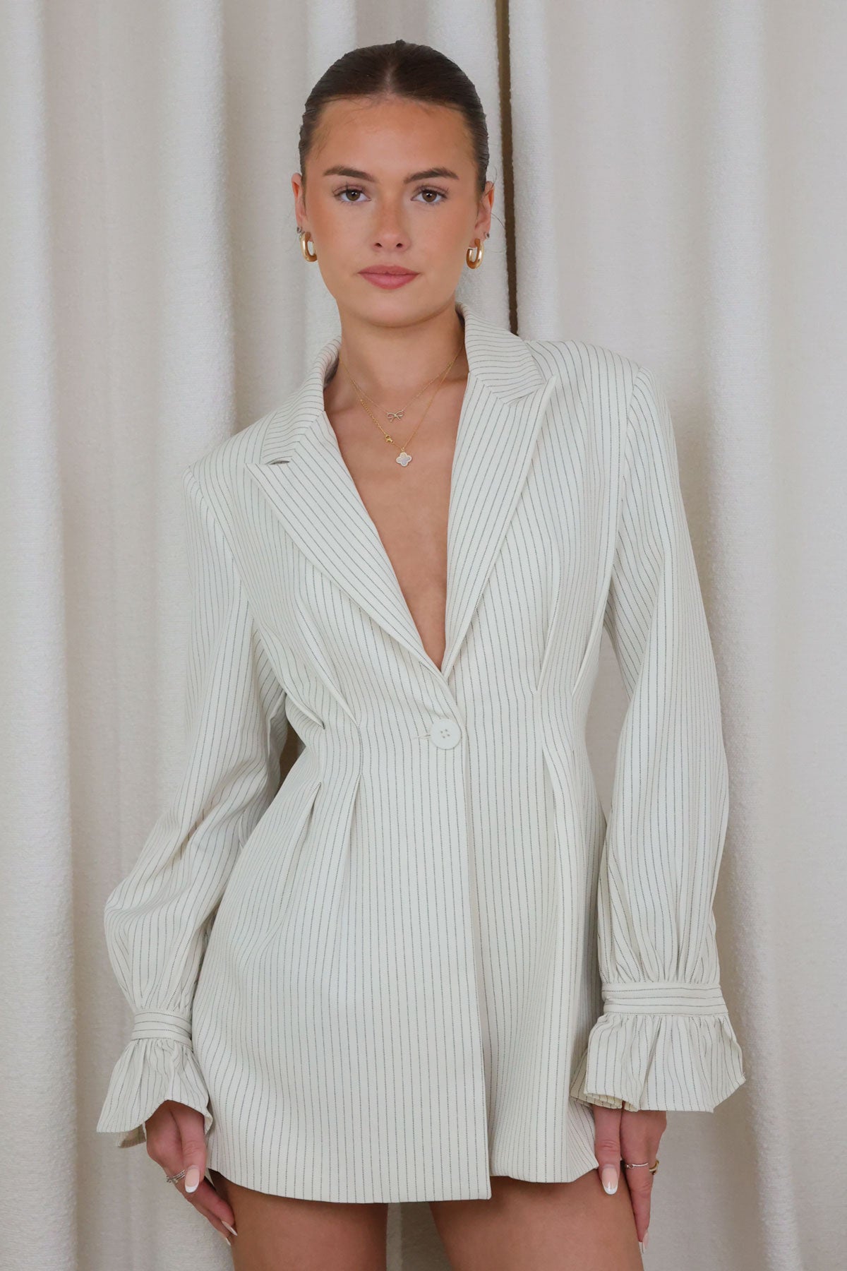 Womens Cream Structured Blazer Dress With Cinched Waist - Miss Moda Luxe