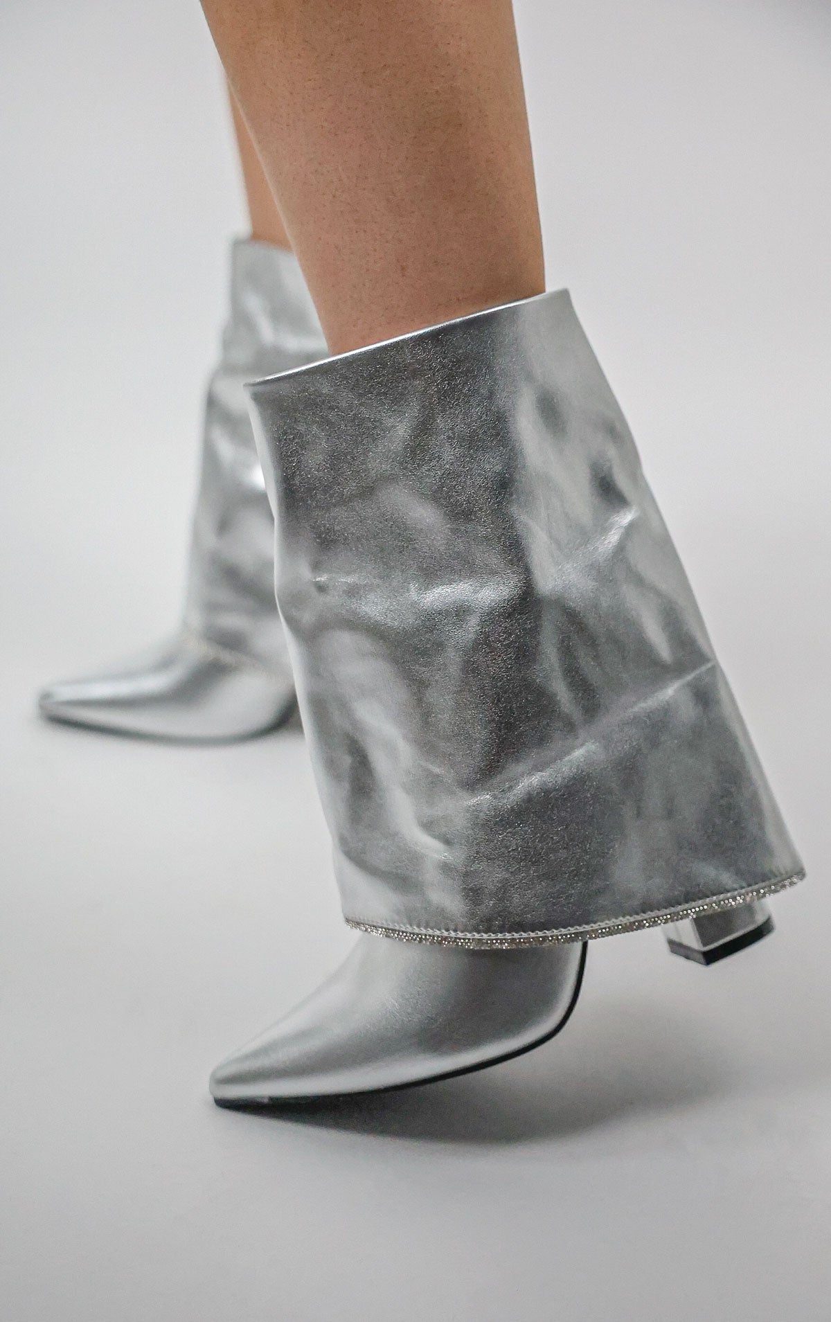 Silver Block Heel Fold Over Diamante Trim Ankle Shark Boots Miss