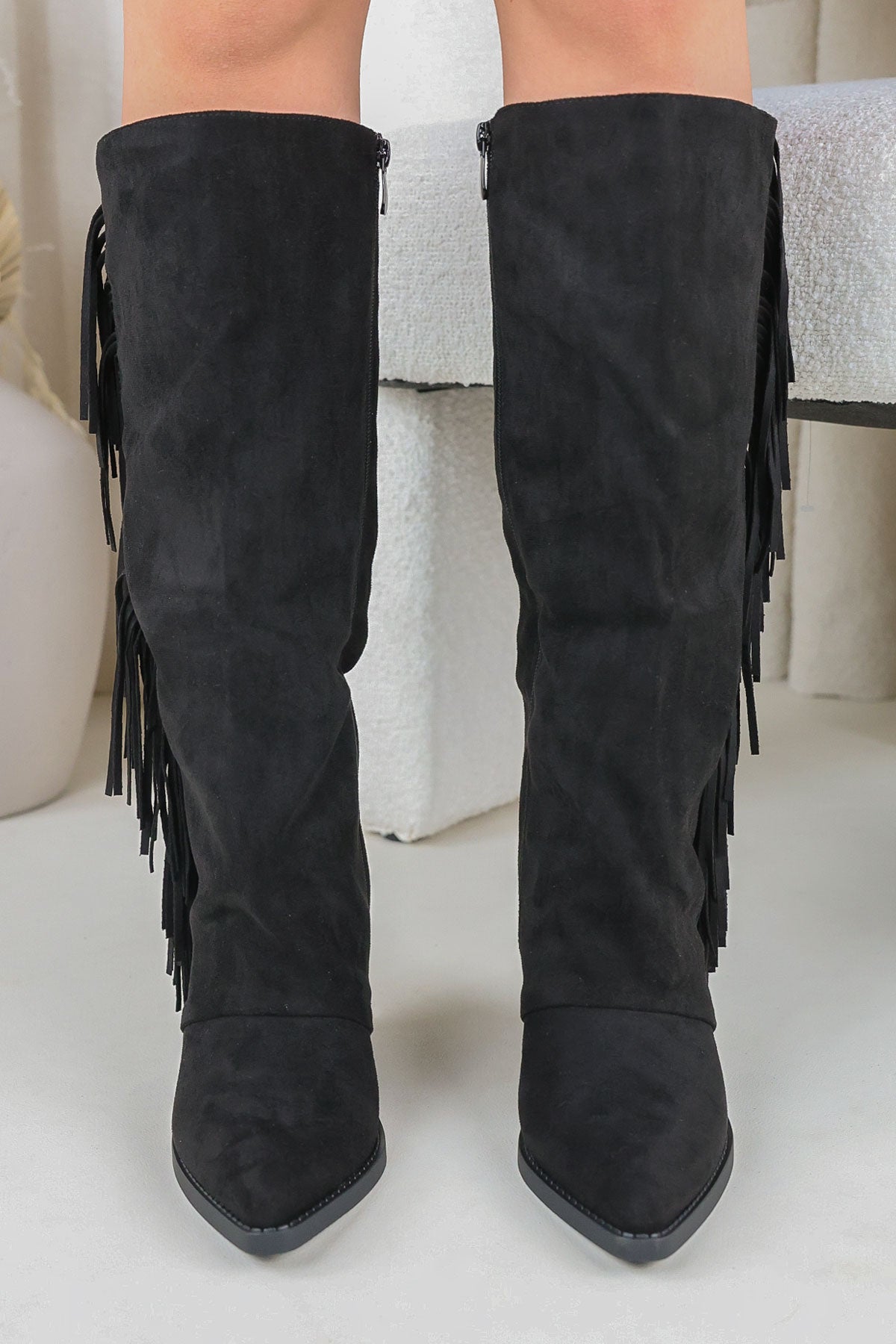 Womens Black Fringed Knee High Western Cowboy Boots Miss Moda Luxe