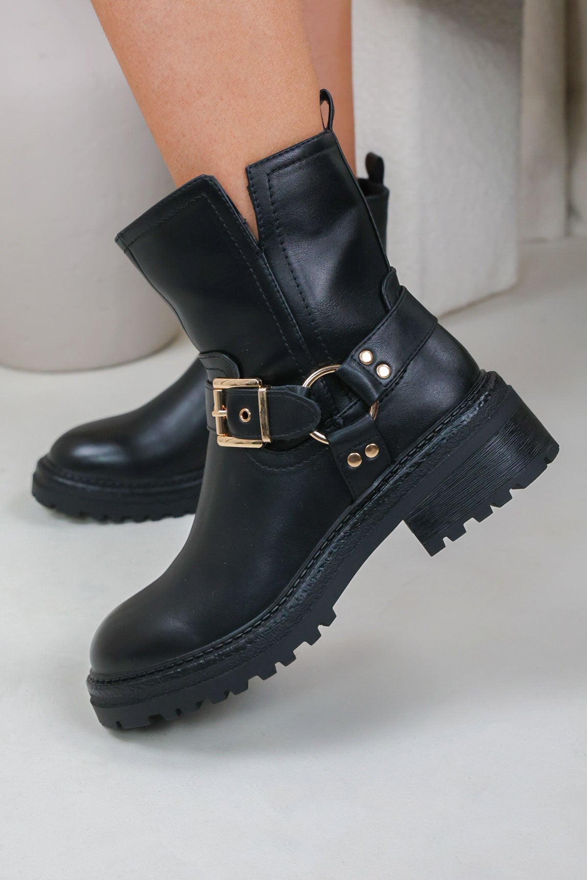 Women's Black Faux Leather Ankle Buckle Boots Miss Moda Luxe