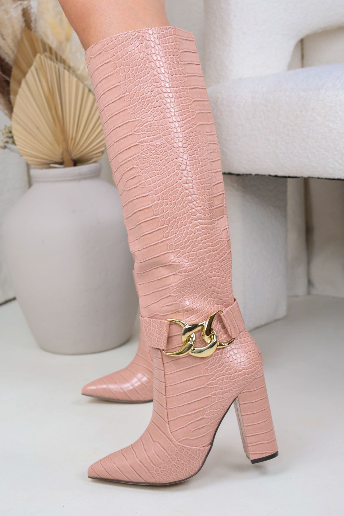Womens Pink Snake Print Knee-High Chain Heel Boots Miss Moda Luxe