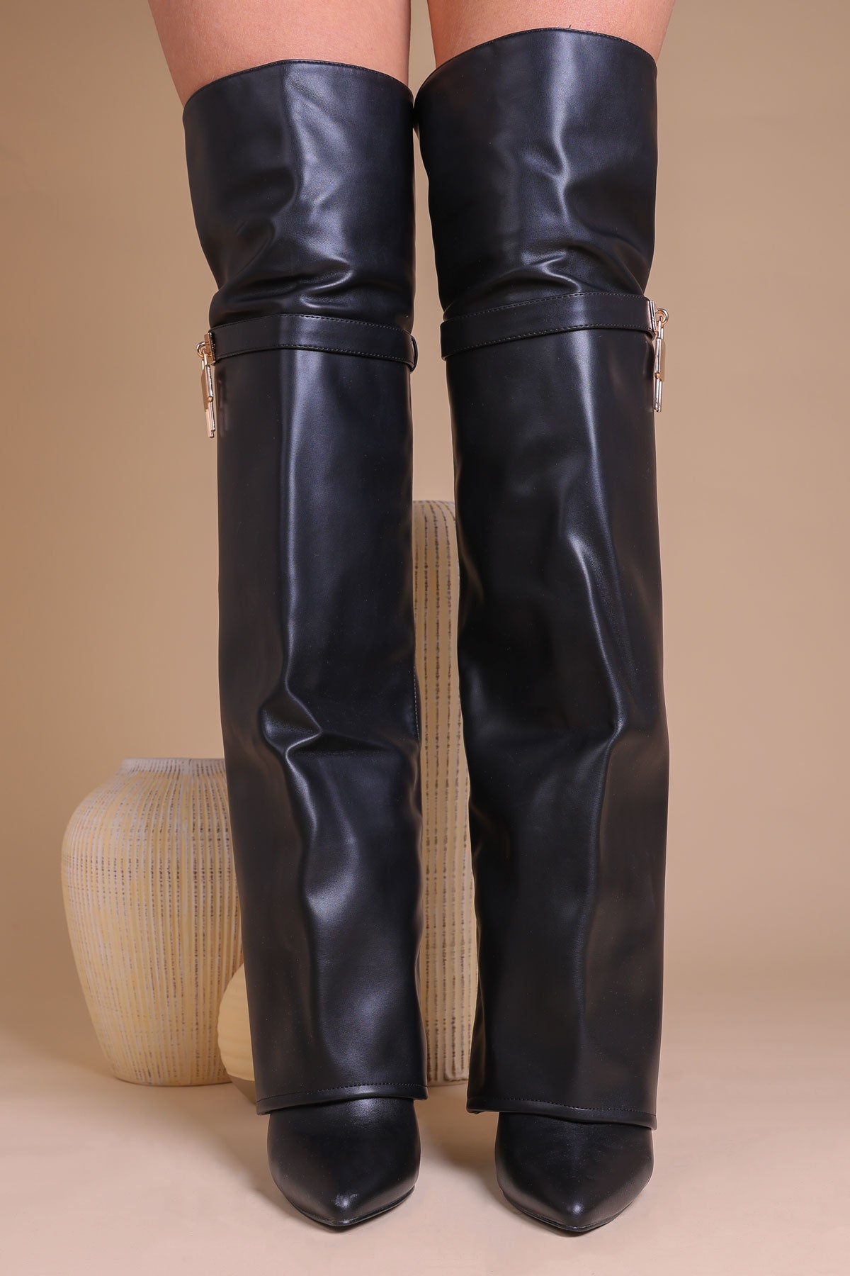 Womens Black Fold-Over Shark Thigh High Boots With Gold Padlock