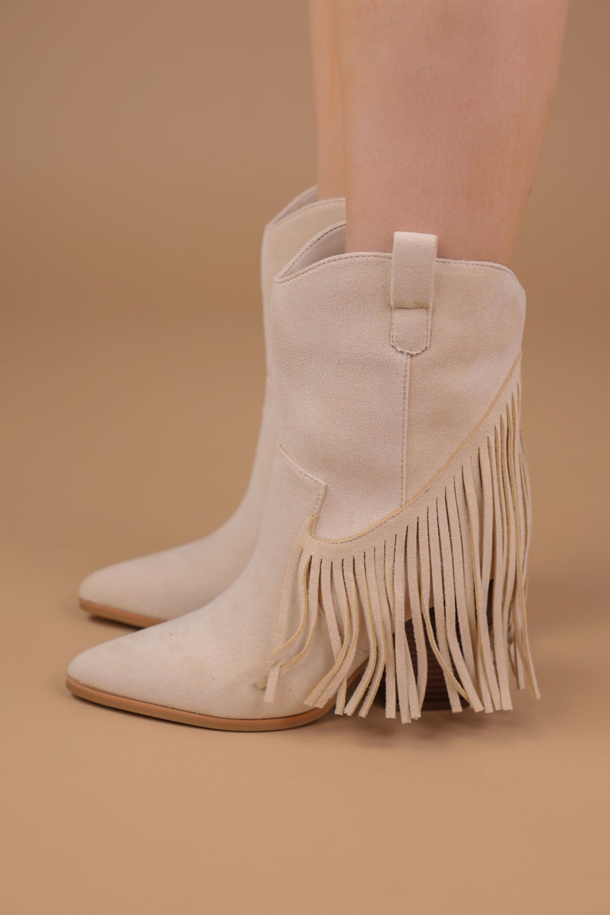 Women's Dallas Beige Mid Western Faux Suede Fringe Cowboy Boot