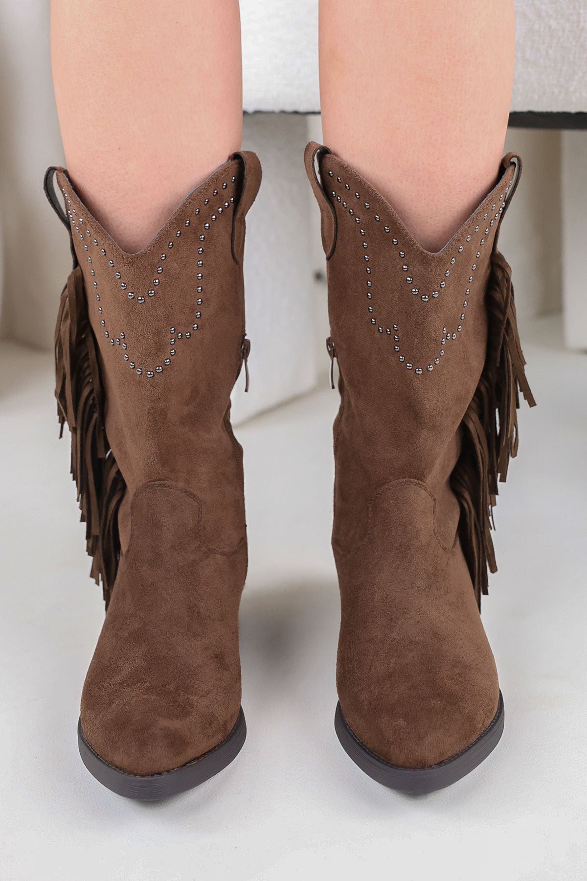 Womens Brown Studded Fringed Mid Calf Western Cowboy Boots Miss